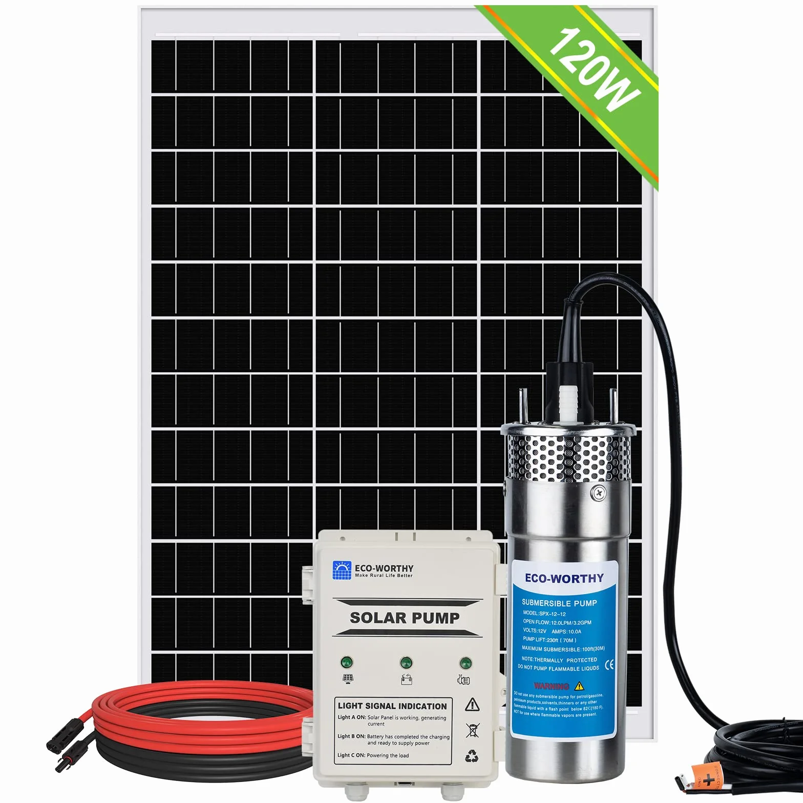 Kit pompa acqua solare per pozzi profondi Pompa acqua sommergibile da 12 V CC con pannello solare mono da 120 W Regolatore batteria da 10 Ah per laghetto per pozzi Home Farm Acciaio inossidabile
