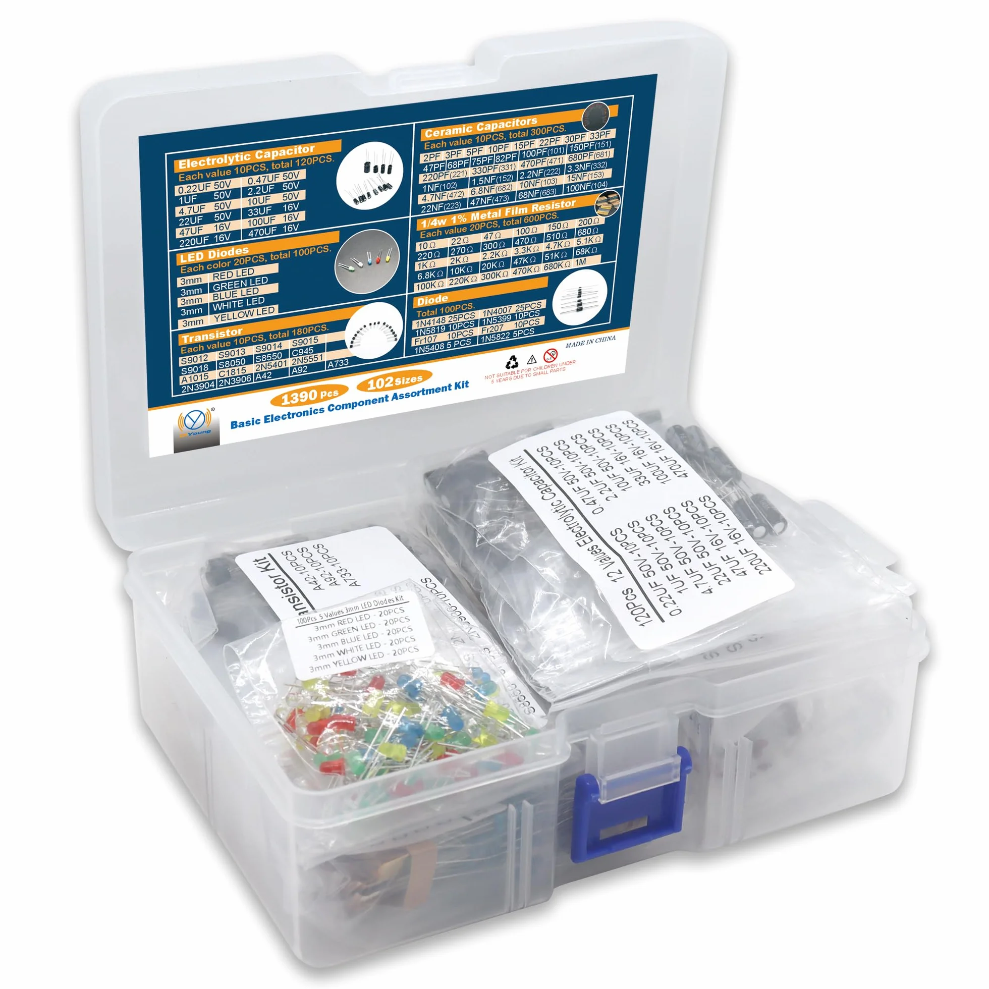 DIYoung 1390 PZ Kit di Componenti Elettronici, LED, Resistenze, Condensatori, Transistor