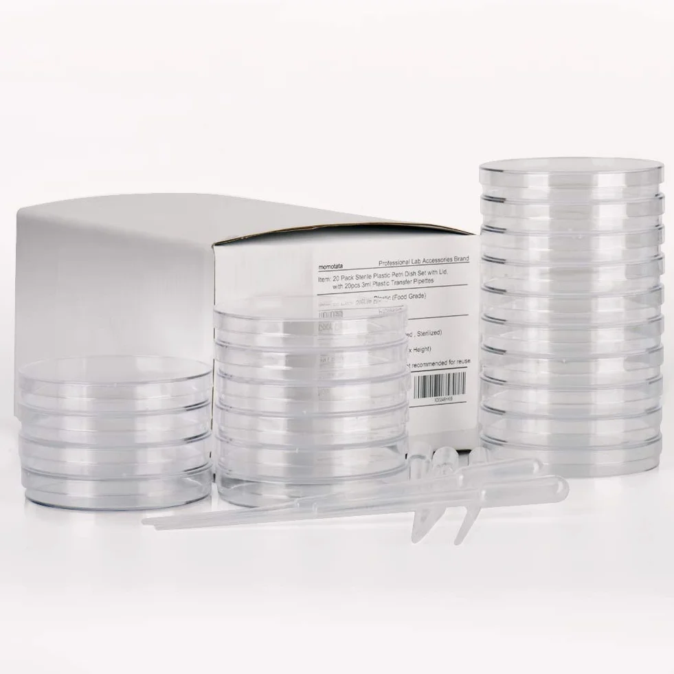20 Pcs Plastica Piastra di Petri,Set Di Piastre Di Petri In Plastica Sterile Da(90 mmx15 mm) Con Coperchio,Ventilate Fornito Con 20 Pipette Di Trasferimento In Plastica(3ml)