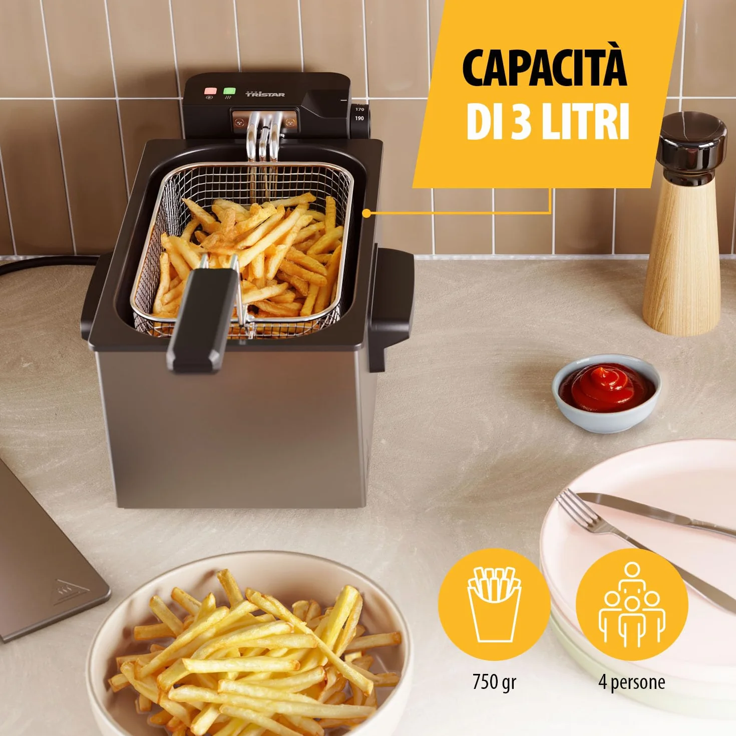 Tristar Friggitrice in Acciaio Inox 3L Temperatura Regolabile 190°C FR-9326