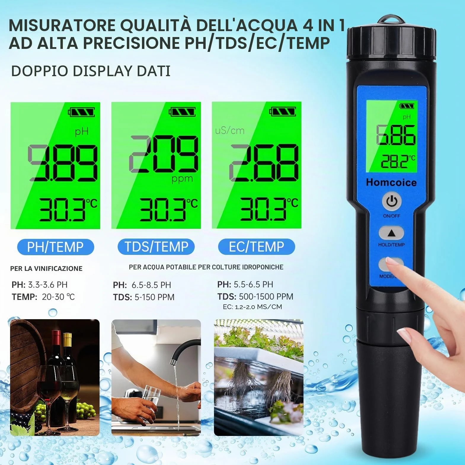 Misuratore PH 4 in 1, PH TDS EC Temperatura Meter con precisione da Laboratorio 0,01 PH, compensazione Automatica Temperatura, Tester qualità Acqua IP67 Impermeabile per Piscine, idrocoltura
