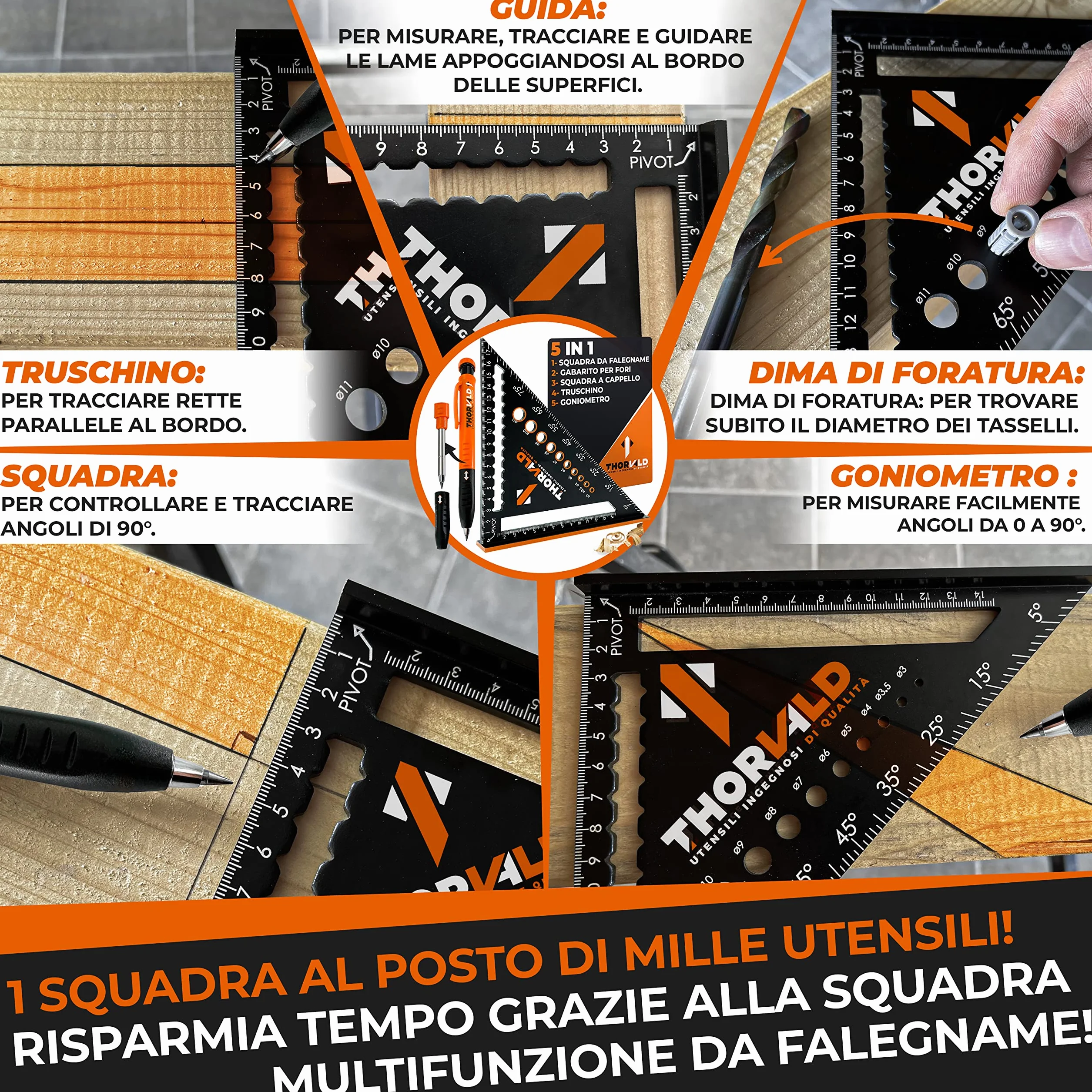 THORVALD Squadra da Falegname Multifunzione 180 mm Goniometro Angoli 45-90° Righello Trusquino