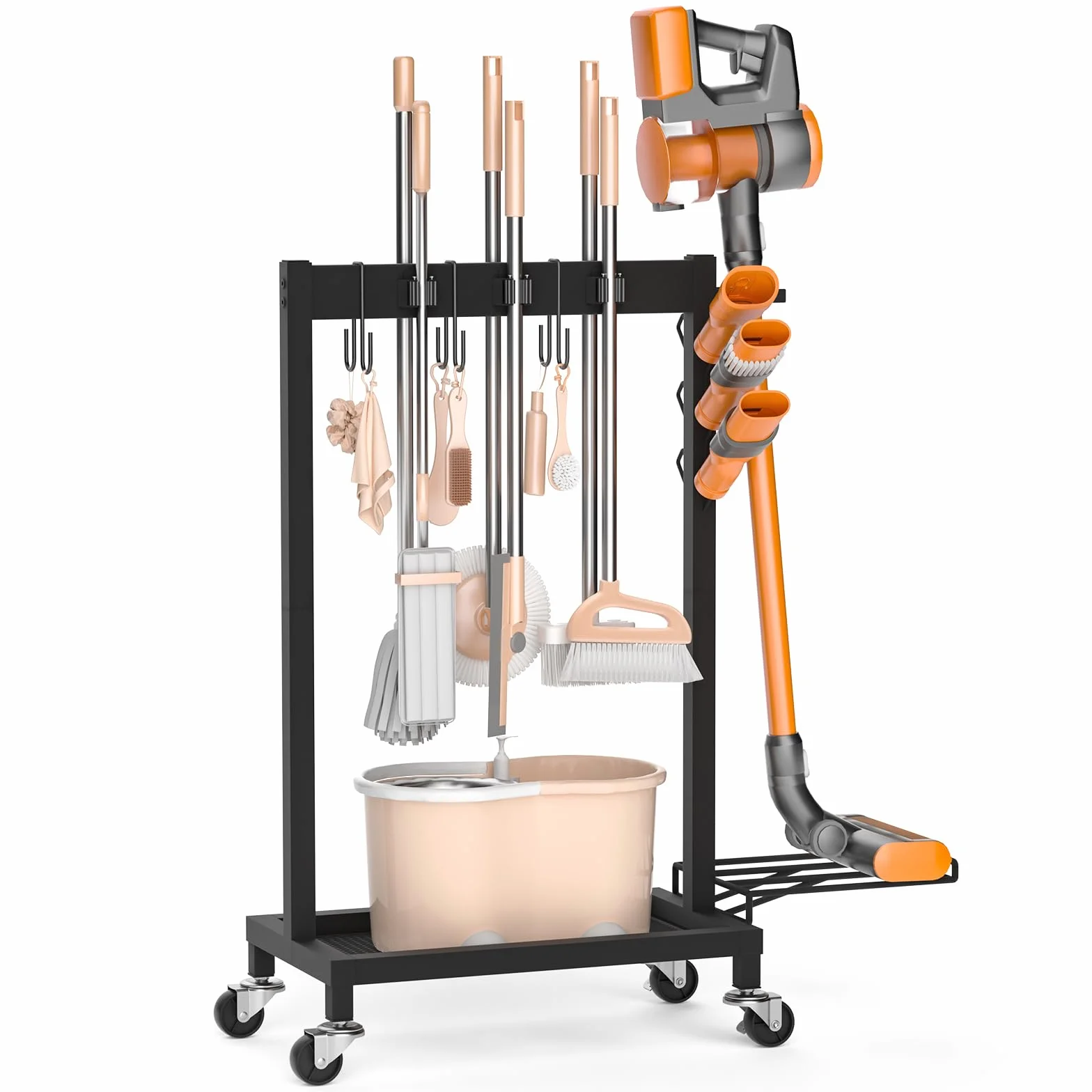 Porta scopa con organizer per detergenti, porta scopa con ruote, porta scopa e mocio, carrello per la pulizia con 6 ganci per mop, 3 ganci doppi, portata 68 kg, nero