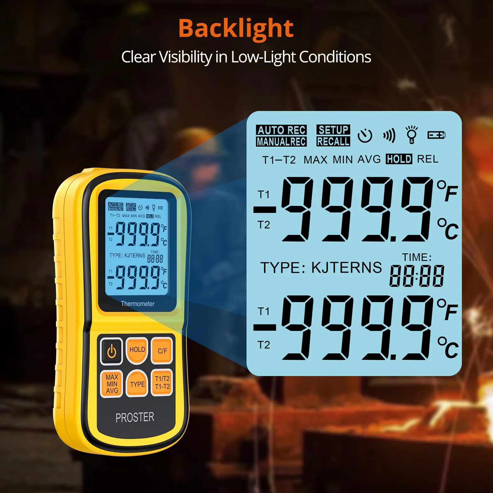 Proster Termometro Digitale a Doppio Canale Tipo K -200~1372°C LCD Retroilluminato con Due Termocoppie
