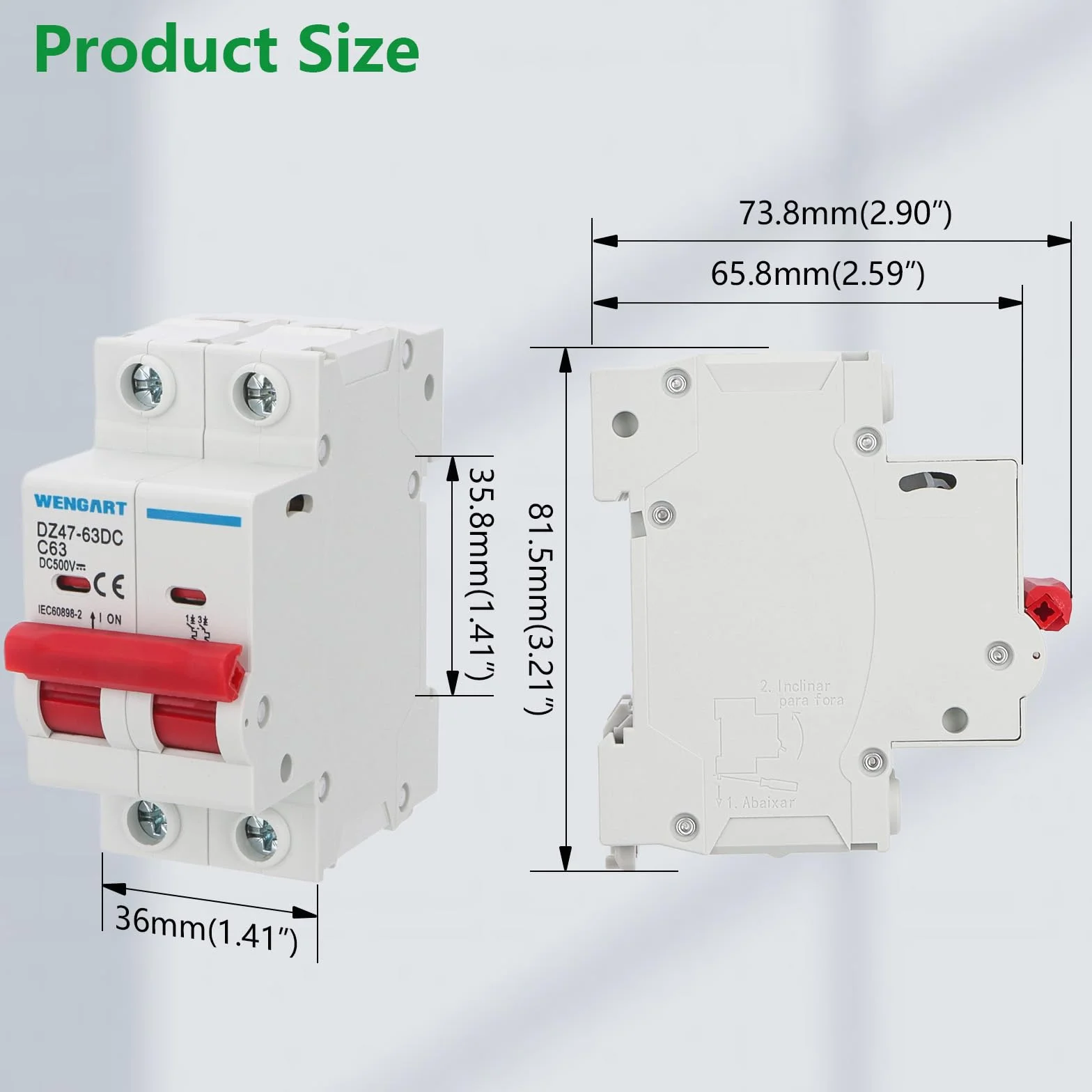 Interruttore DC Wengart DZ47-63Z, interruttore di sezionamento DC, 500V 63A 2 poli, montaggio su guida DIN, per batterie e sistemi fotovoltaici solari e altri sistemi DC