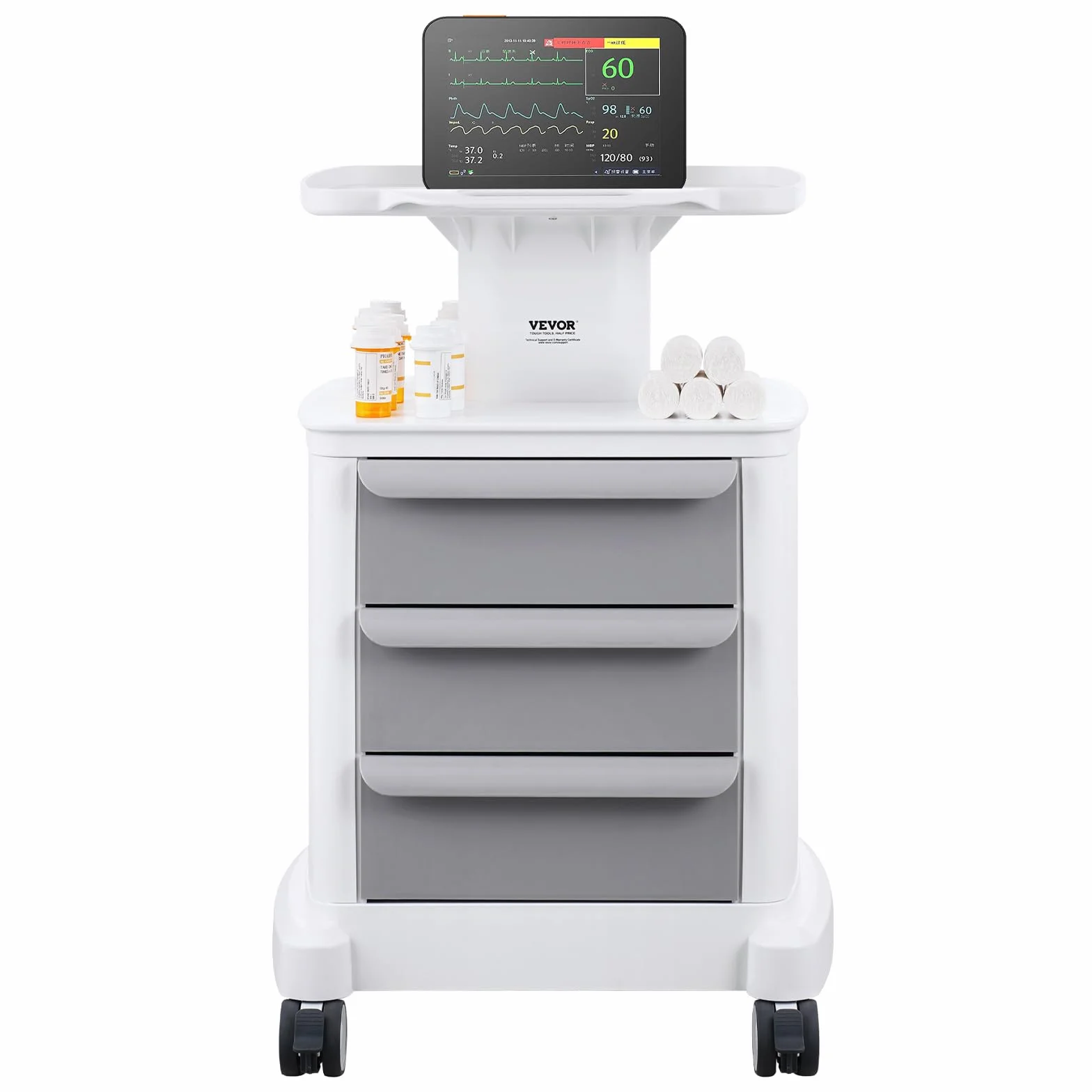 VEVOR Carrello da Laboratorio 4 Ripiani con 3 Cassetti 1 Vassoio Superiore 4 Ruote, Bianco