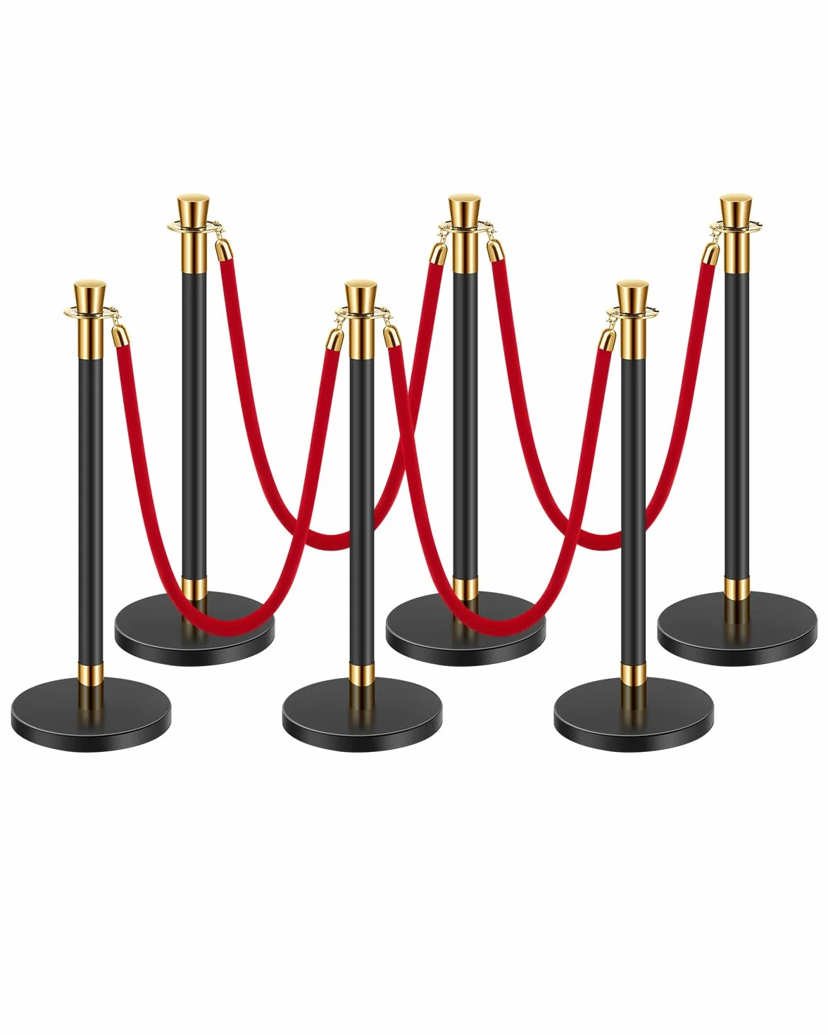 VEVOR Paletto di Sostegno, Set di 6, Barriere di Controllo della Folla con 4 Corde di Velluto Rosso, Palo di Sostegno Nero in Acciaio Inossidabile da 1,5 m con Base Cava per Festa, Matrimonio, Mostra