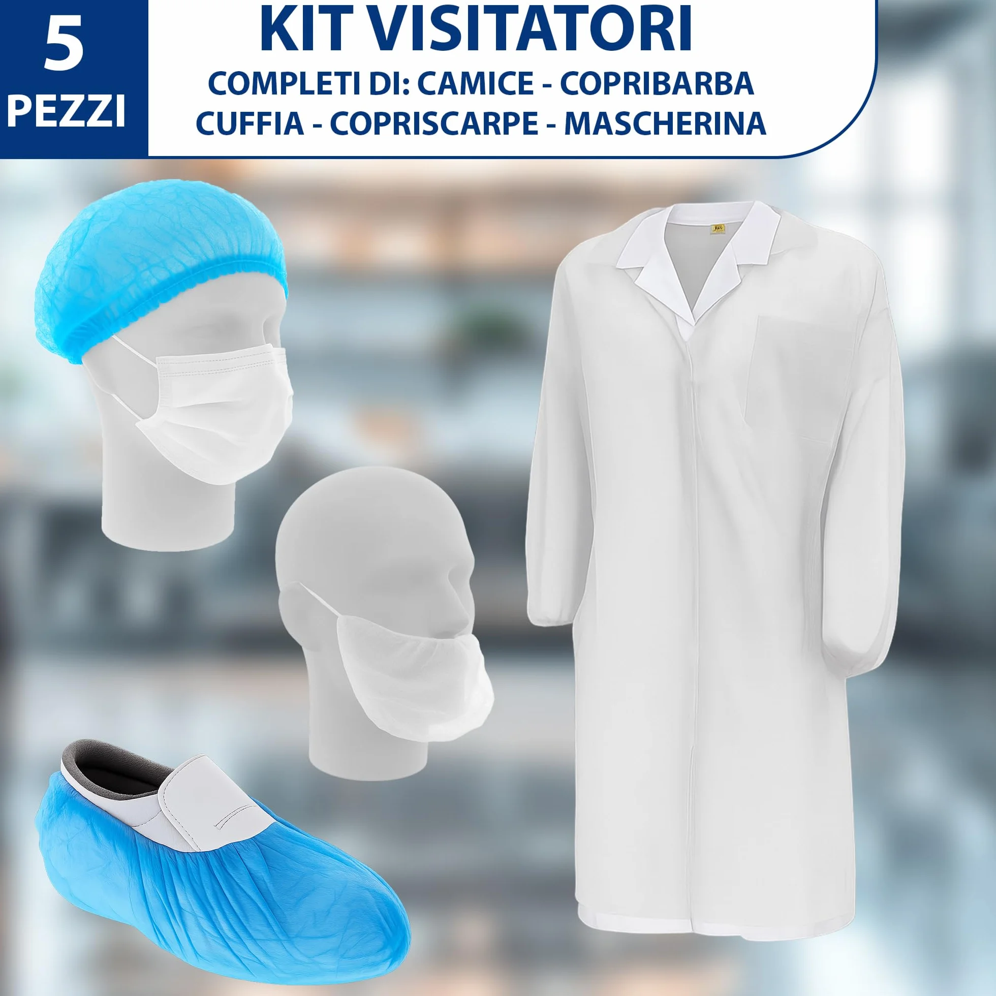 Kit Visitatore Monouso Bianco con Camice, Copriscarpe, Cuffia, Copribarba e Mascherina