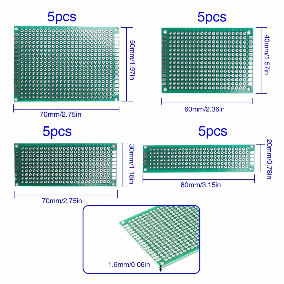 VooGenzek 75 Pezzi Kit di schede PCB, include 20 Pezzi una Scheda PCB a Doppia Faccia, 20 Pezzi Connettori Maschio/Femmina, 15 Pezzi 2/3 Pin Terminale a Vite, 20 Pezzi Colonna in Nylon