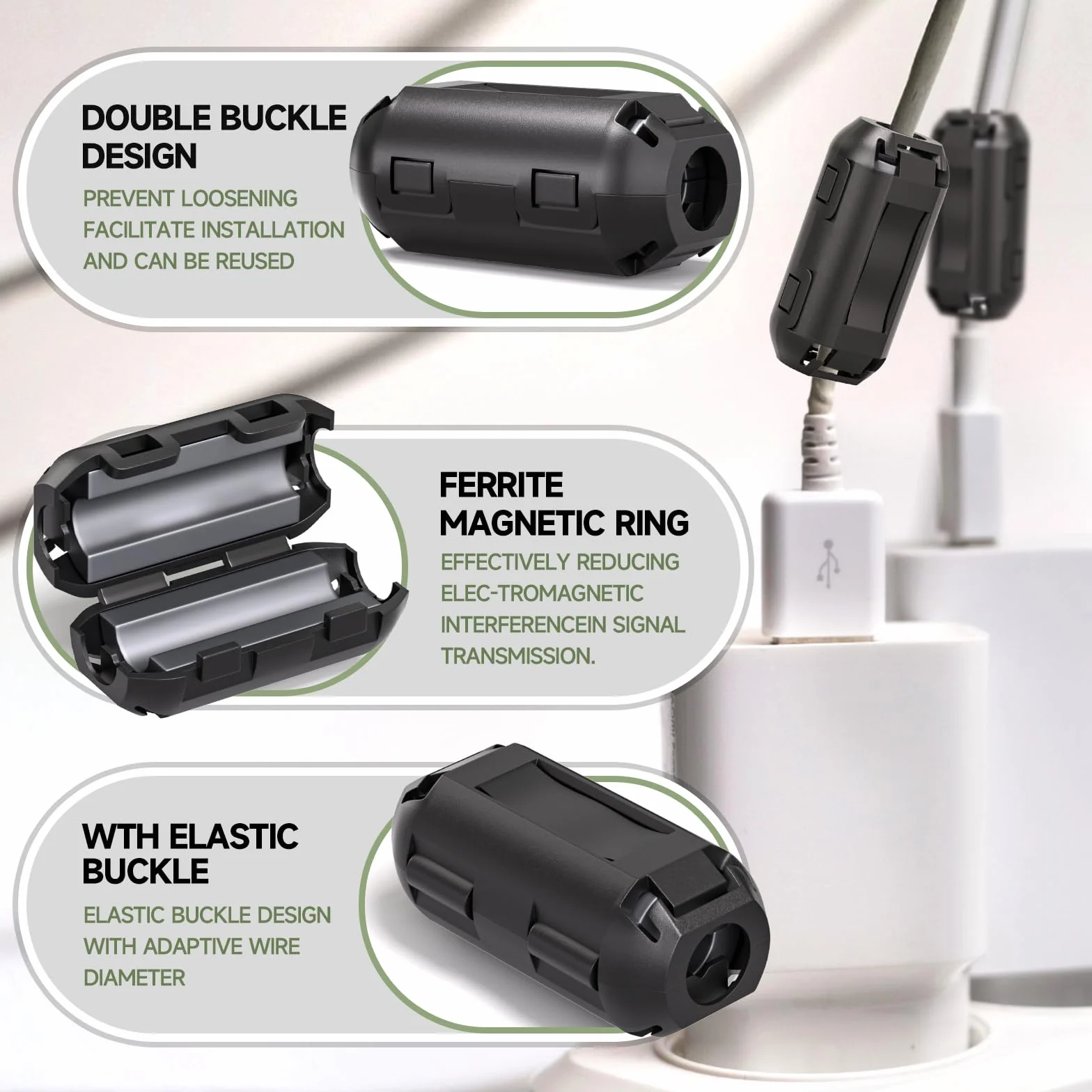Anello di ferrite Clip-on EMI Noise Suppressor 7 mm per cavi USB audio video alimentazione