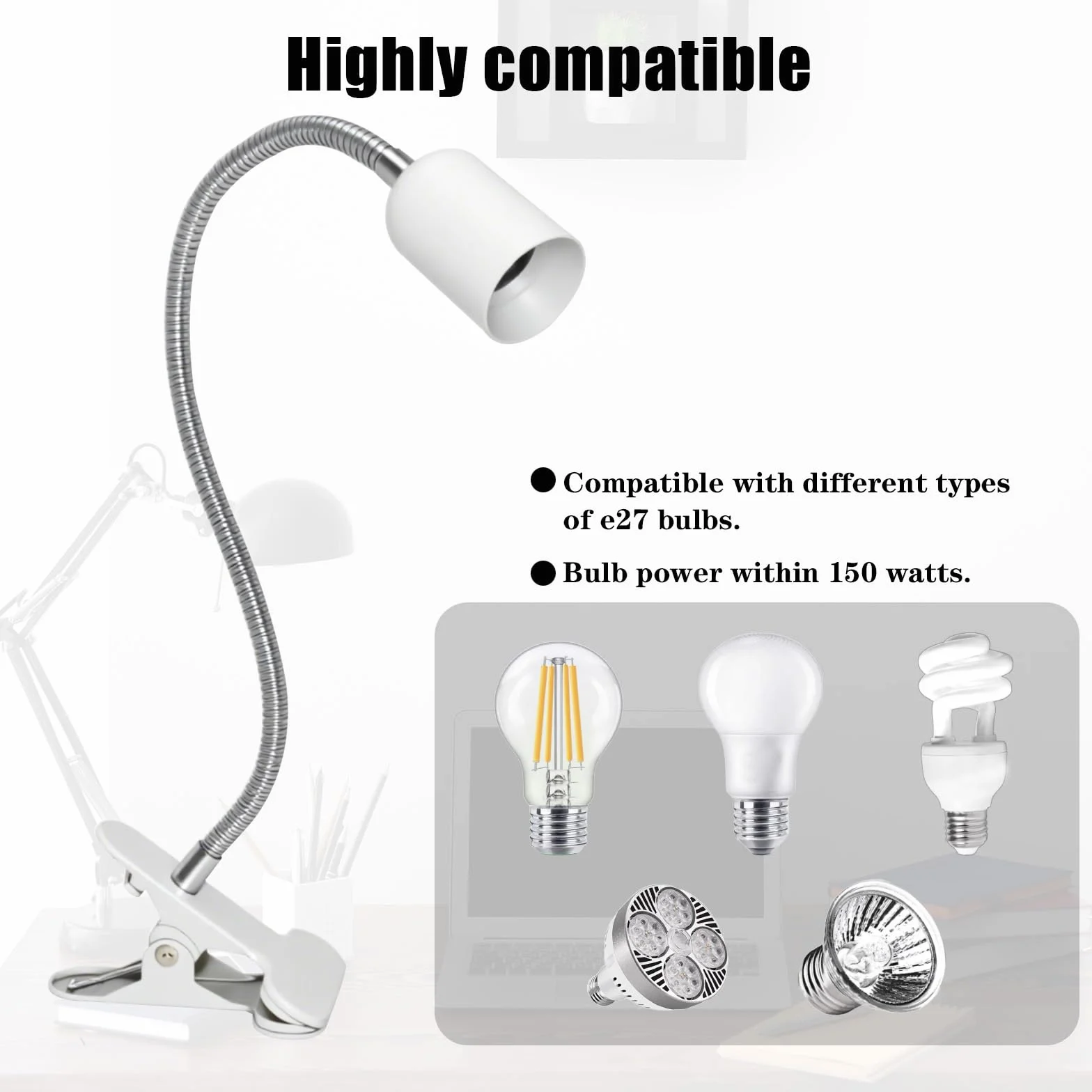 Portalampada E27, Lampada Pinza con Interruttore e Cavo Alimentazione 120 cm, 360° Regolabile Portalampada con Spina per Animali, Pianta Cresce, Lampada da Tavolo, Bianco (Senza Lampadina)