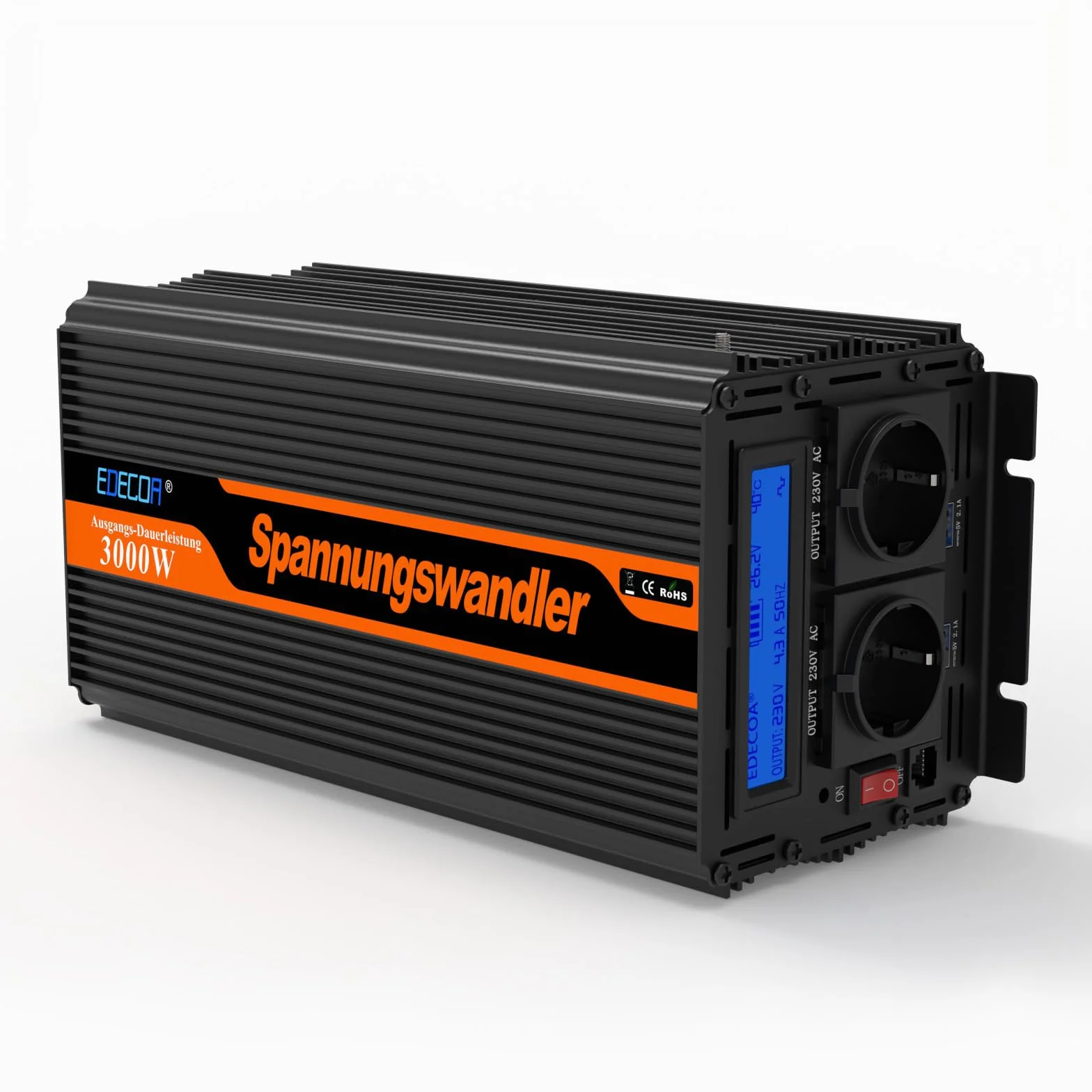 EDECOA 3000 W / 6000 W, inverter sinusoidale modificato 24 V/230 V, potenza nominale 3000 watt da 24 V CC a 230 V AC inverter solare con telecomando, interfacce USB e tipo C disponibili
