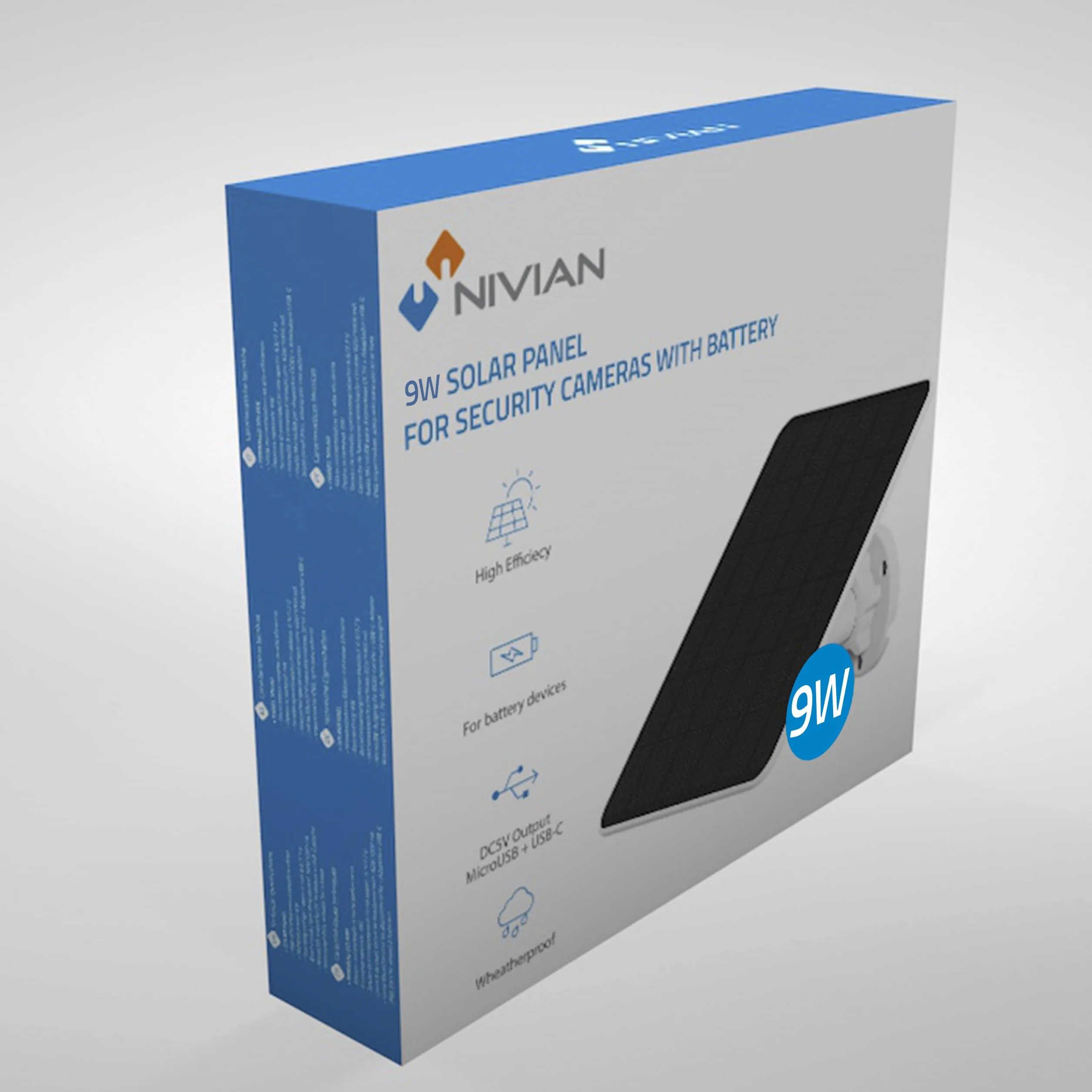 NIVIAN Panel Solar 9W para Cámaras de Seguridad IP USB-C