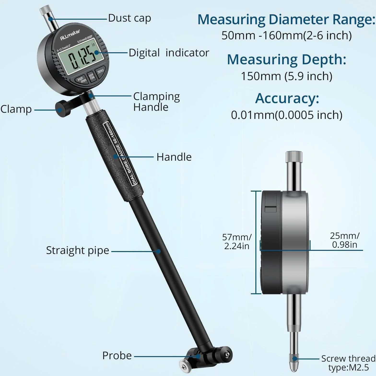 Comparatore Elettronico 50-160 mm 0,01 mm Indicatore Diametro Interno Lega Alluminio Calibro Cilindri 12 Sonde