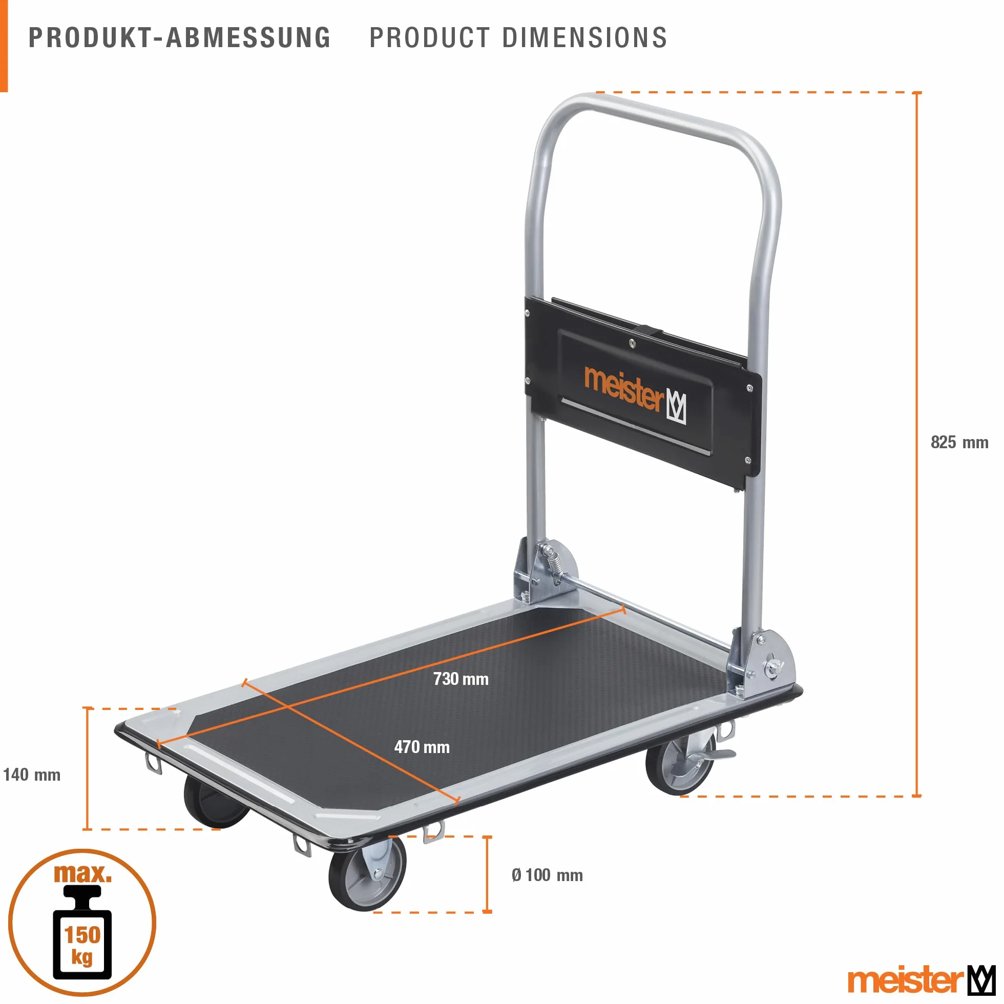 Meister Carrello piattaforma pieghevole - Portata 150 kg - Freno stazionamento / Trasporto ruote girevoli / Pacchi antiscivolo / Carrello acciaio pieghevole / 8985530
