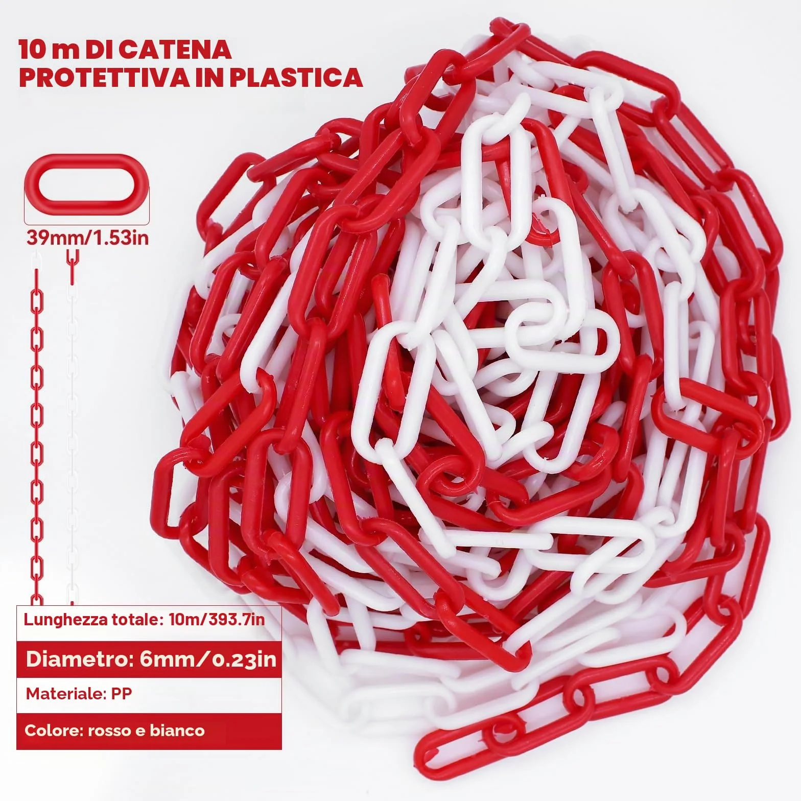 10 m Catena Plastica Rosso e Bianco, Spessore 6 mm, per Bloccare Superfici, Ben Visibile, Stabile e Maneggevole