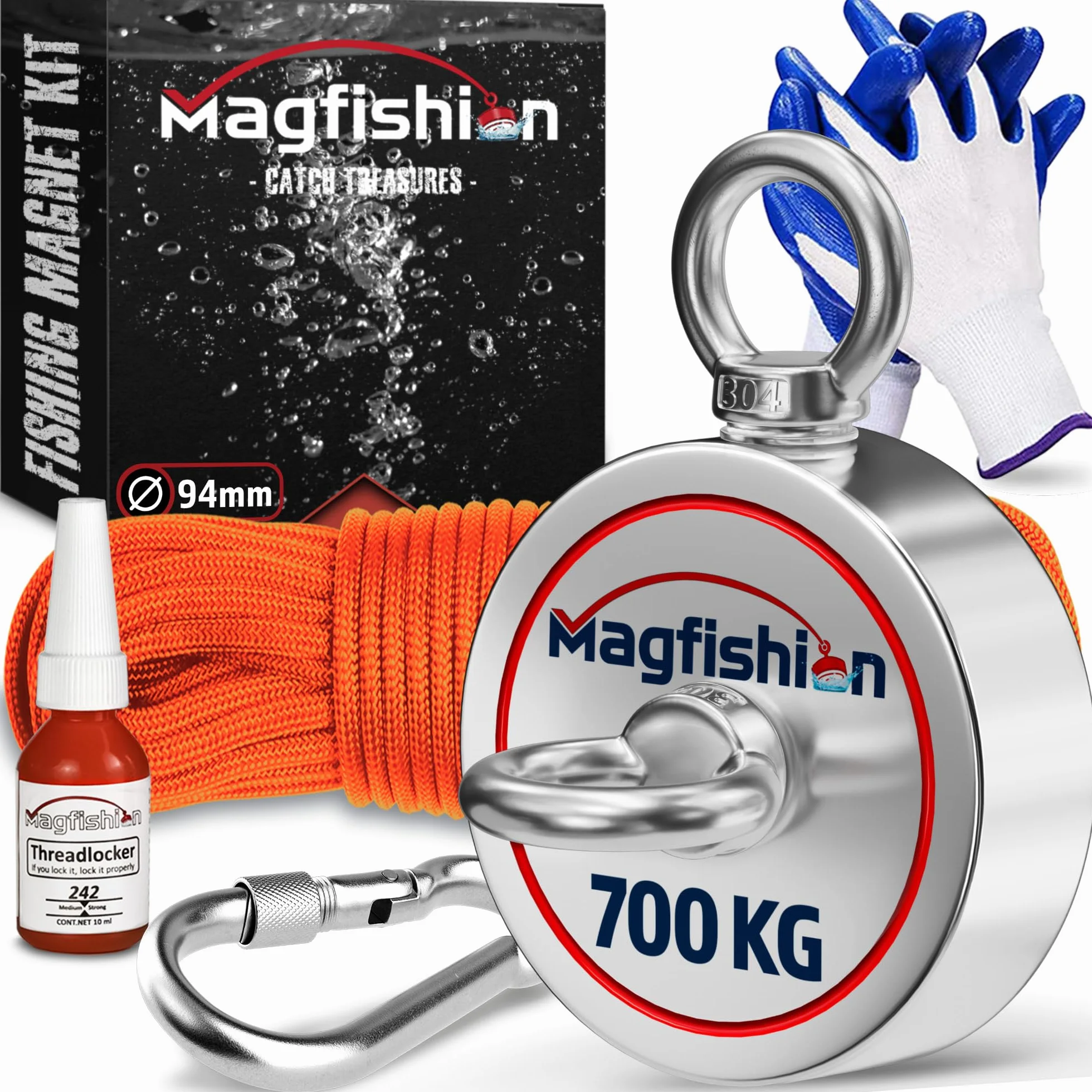 MAGFISHION - Set di Magneti da Pesca - Neodimio - 2x350kg - Ø94mm - Rotondo - Corda 20m & Guanti