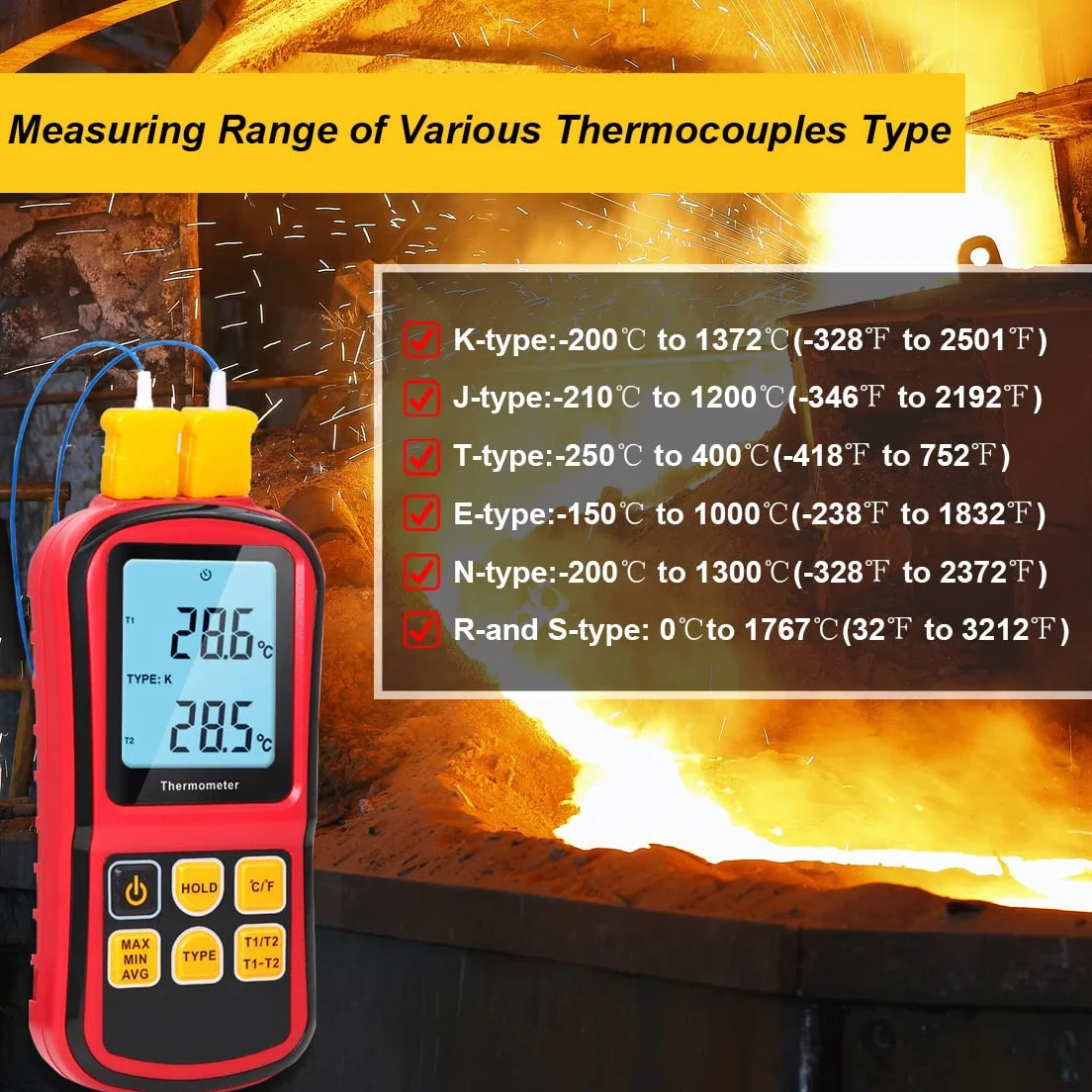Mengshen Termometro Digitale 2 Canali Tipo K/J/T/E/R/N/S -200°C a 1372°C