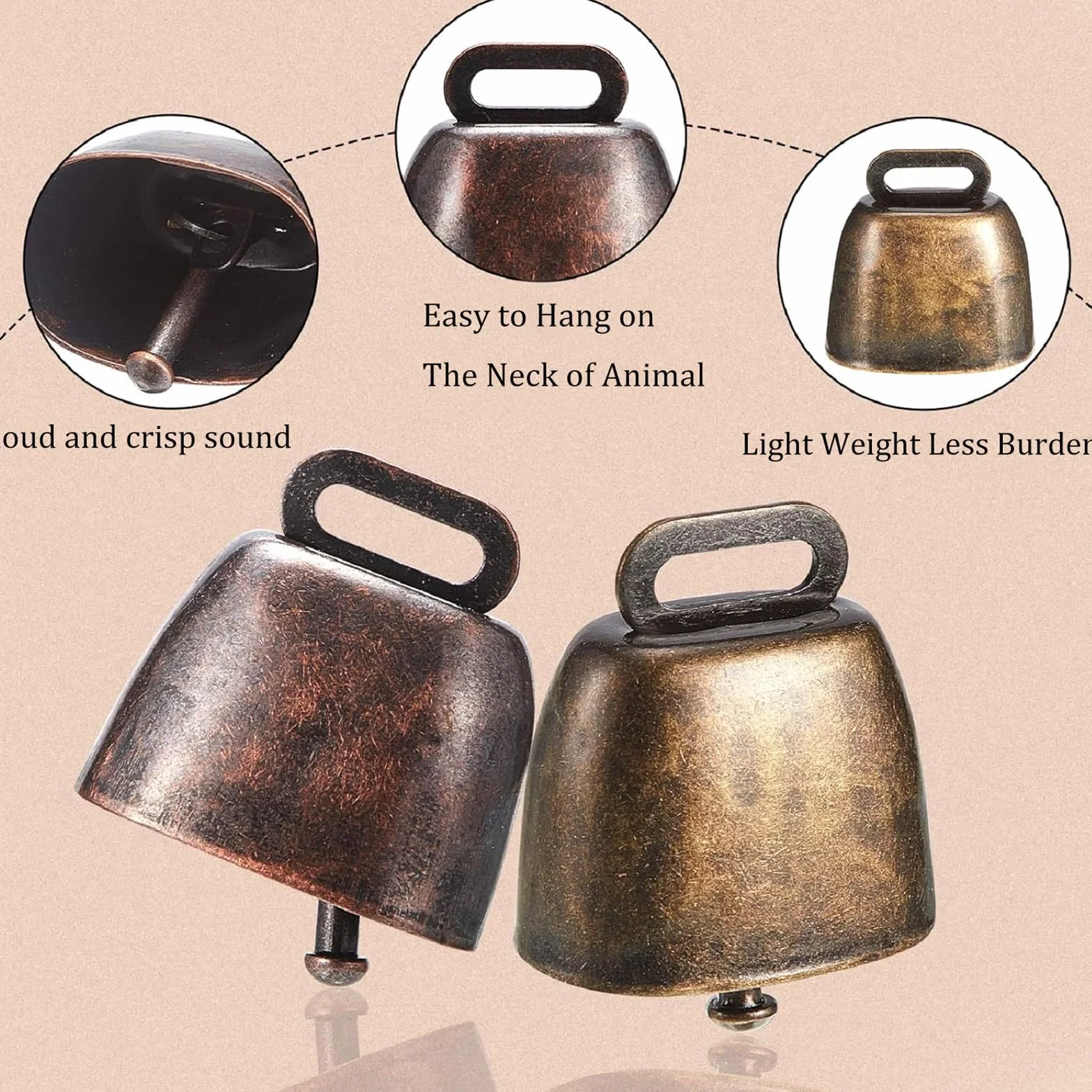 Campana di Rame per Pascolo 8 Pezzi con Fibbie Metalliche e Corda di Canapa per Bovini