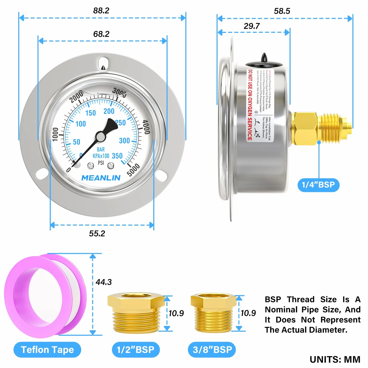 MEANLIN MEASURE 0~350BAR/0~5000PSI Manometro riempito di liquido Montaggio a pannello della flangia anteriore, 1/4" BSP 2.5"FACE DIAL Cassa in acciaio inox con vite e dado Phillips, +/-3-2-3%