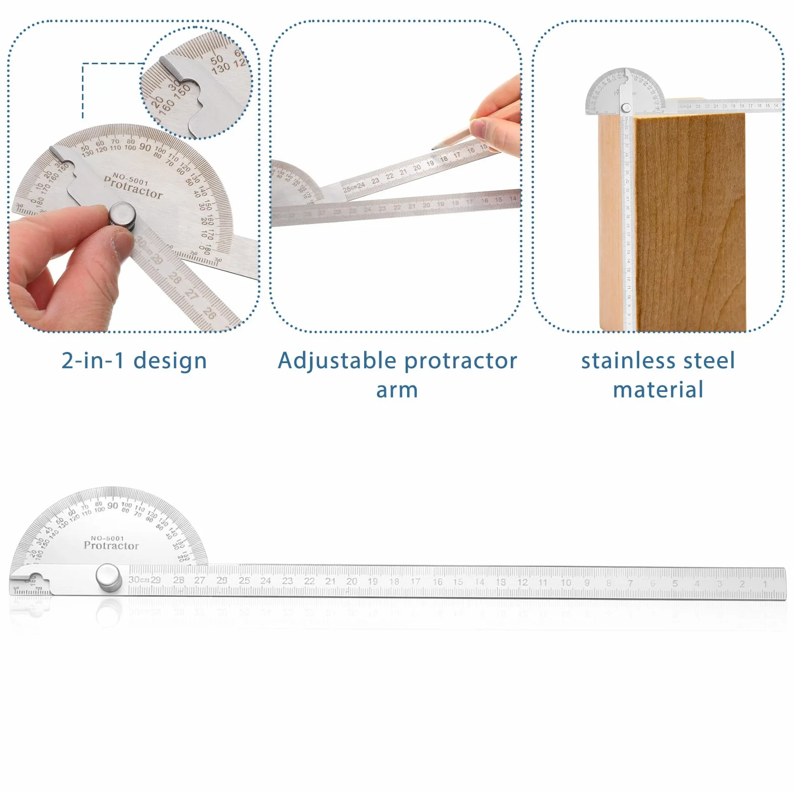 Goniometro in acciaio inox 0-180° regolabile 30 cm