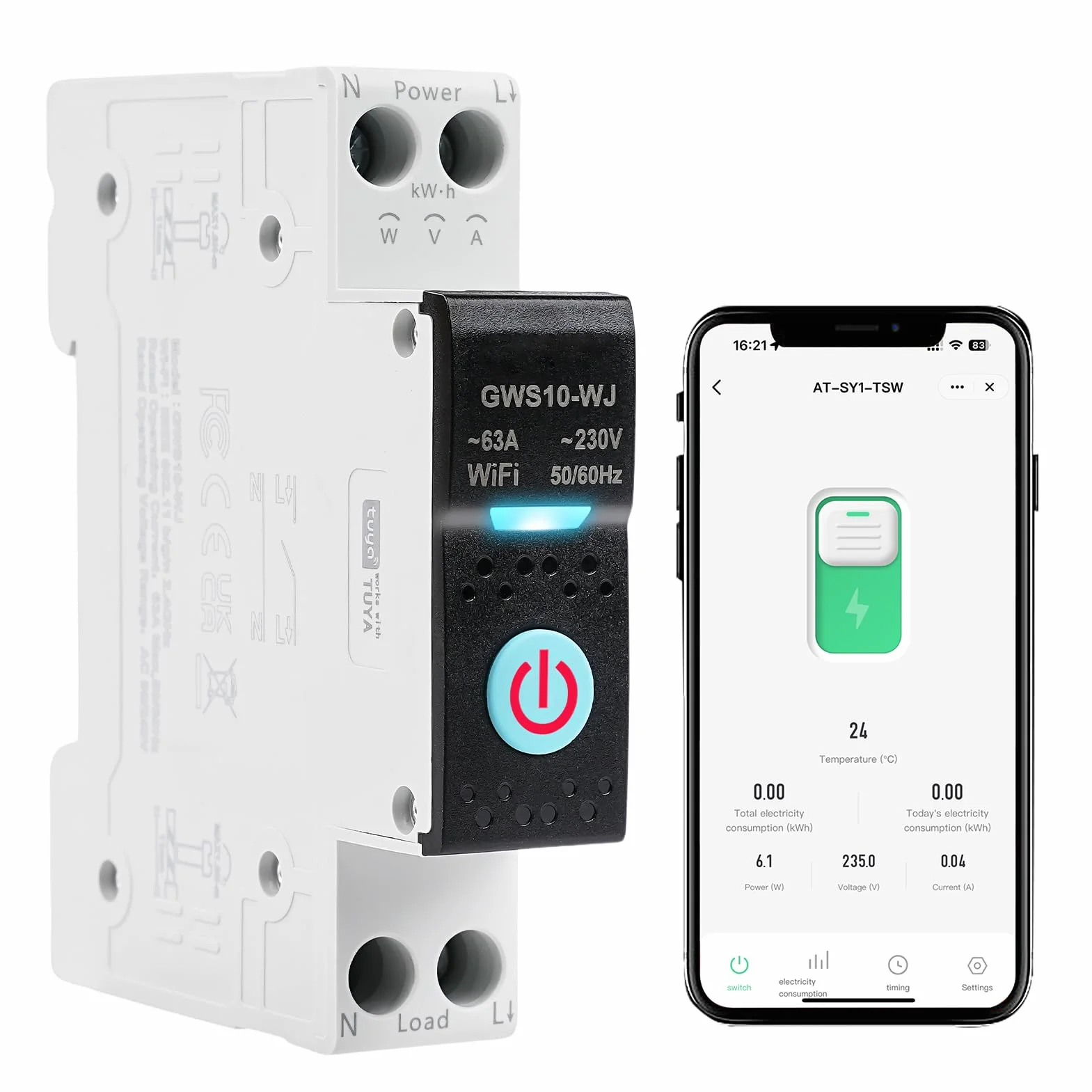Interruttore Smart WIFI 63A Tuya interruttore Intelligente wifi controllo vocale 5 Modalità di Temporizzazione AC 230V smart switch monitoraggio energetico Compatibile con Alexa/Google Home GWS10-WJ