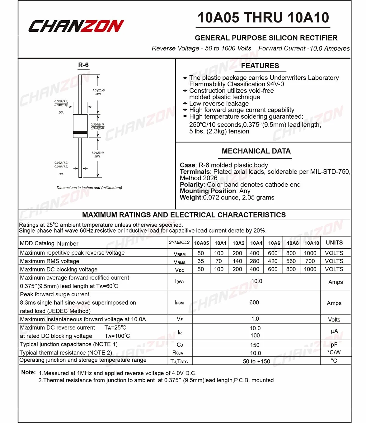 (Confezione da 20 pezzi) Chanzon 10A10 Diodo raddrizzatore Diodi Schottky 10A 1000V R-6 Assiale 10 Amp 1000 Volt Diodi elettronici al silicio