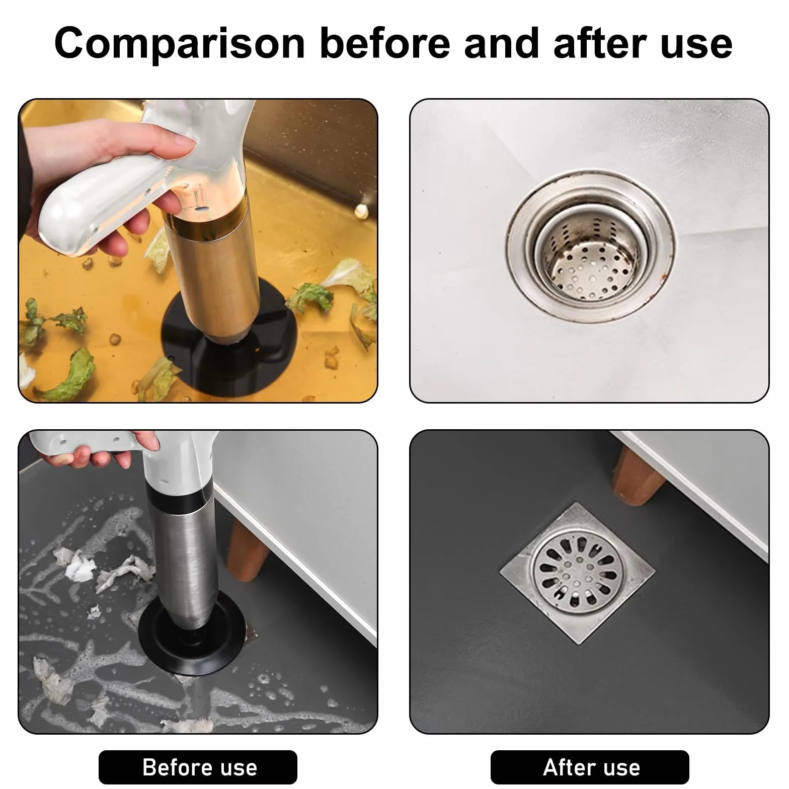 Pulitore per scarico pompa ad aria compressa, pulitore per tubi con 4 teste intercambiabili, compressione dell'aria e indicatore della pressione dell'aria, tubo per la pulizia dei tubi del lavandino