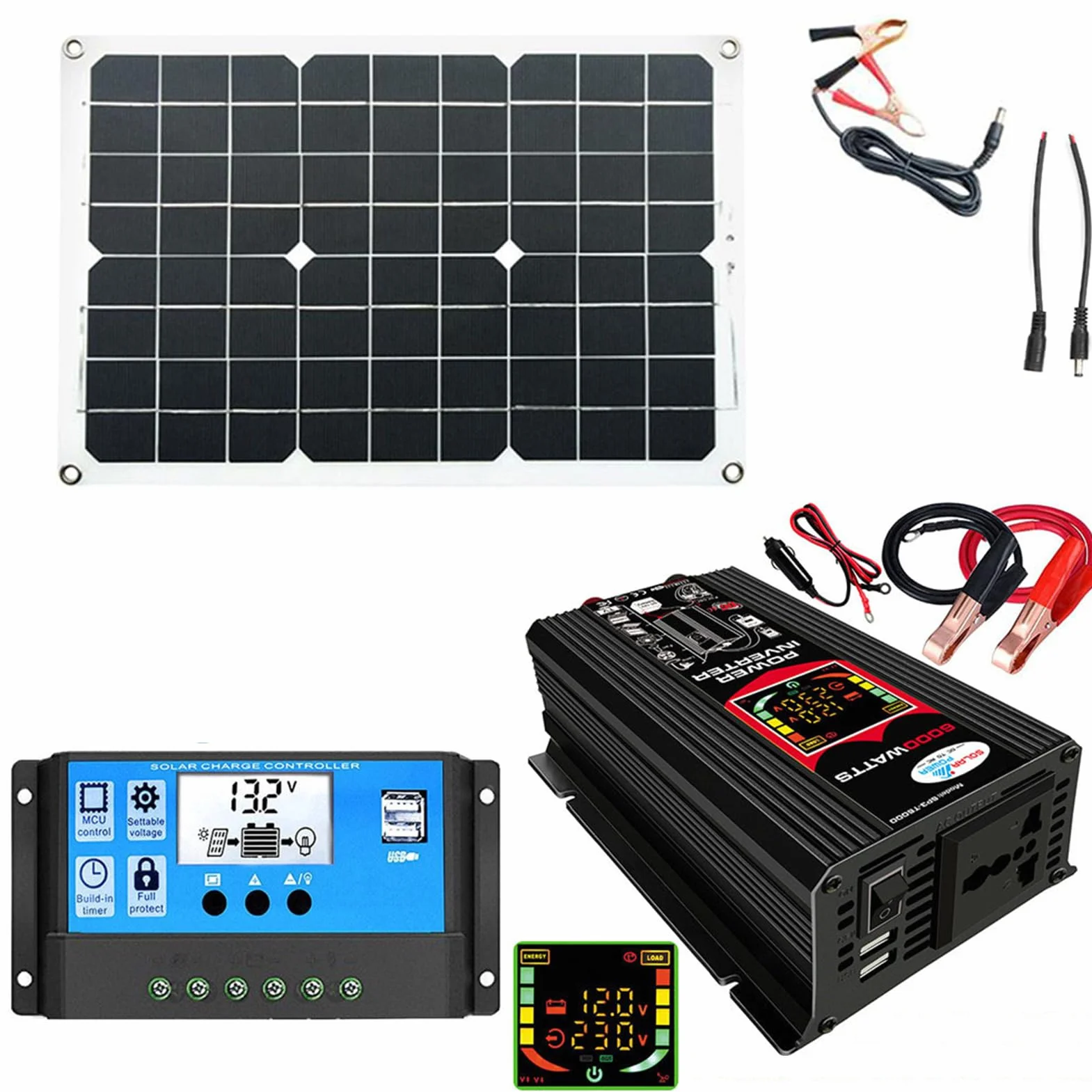 Kit impianto Solare | Starter Kit Pannelli Solari per Camper Fuori Rete con Batteria E Inverter | Pannello Solare da 18 W Inverter Solare da 6000 W Regolatore di Carica Solare da 30
