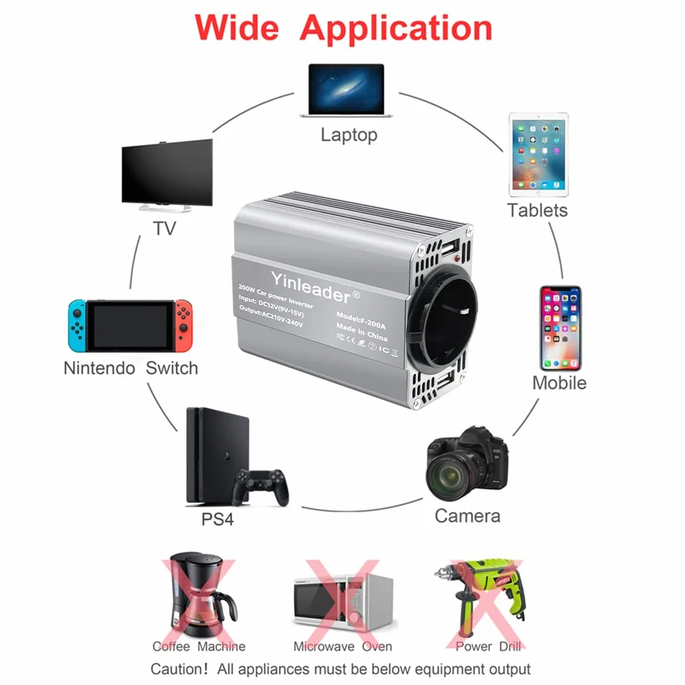 Yinleader Inverter da 200 W, 12 V a 230 V, 1 prese europee, 2 convertitori USB per auto, per caravan e campeggio