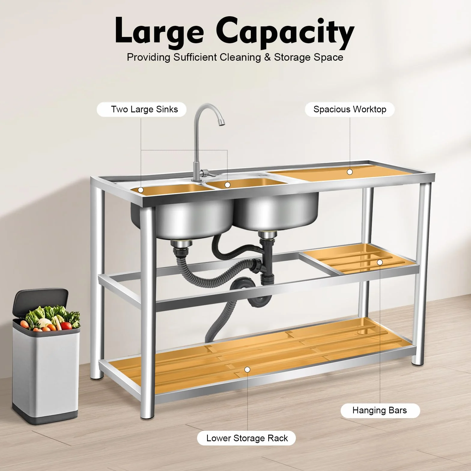 Lavabo in acciaio inox autoportante, capacità di carico 220 lbs, mobile lavello da cucina con rubinetto girevole a 360°, 120 x 45 x 80 cm, lavello commerciale con 2 vasche per ristorante, bar