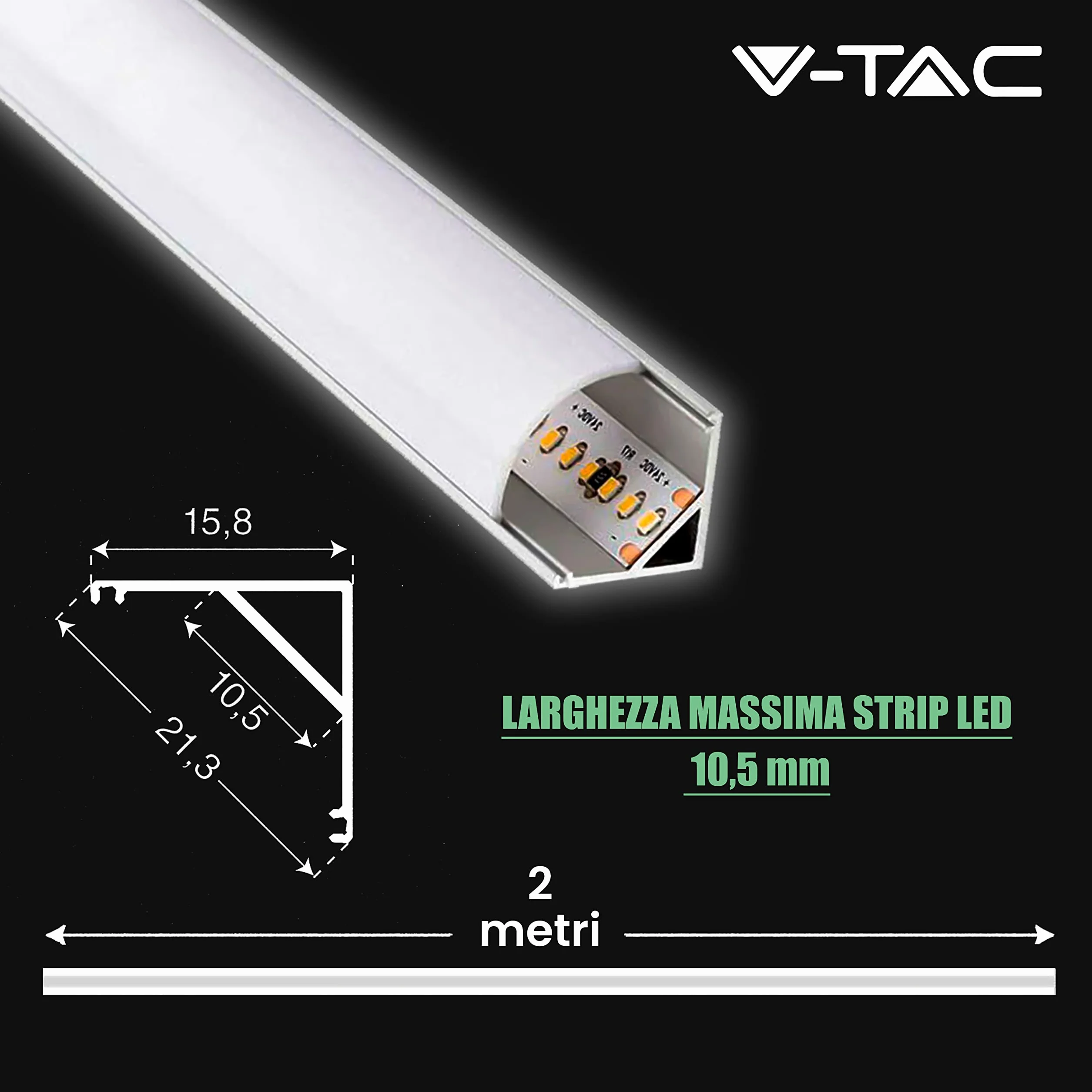 V-TAC 10x Profili Angolari da 2 METRI per Strisce Led - (20 Metri Totali) - Profili per Strisce LED in Alluminio con Copertura Satinata - Colore Argento - Angoli 21,3 x 15,8mm