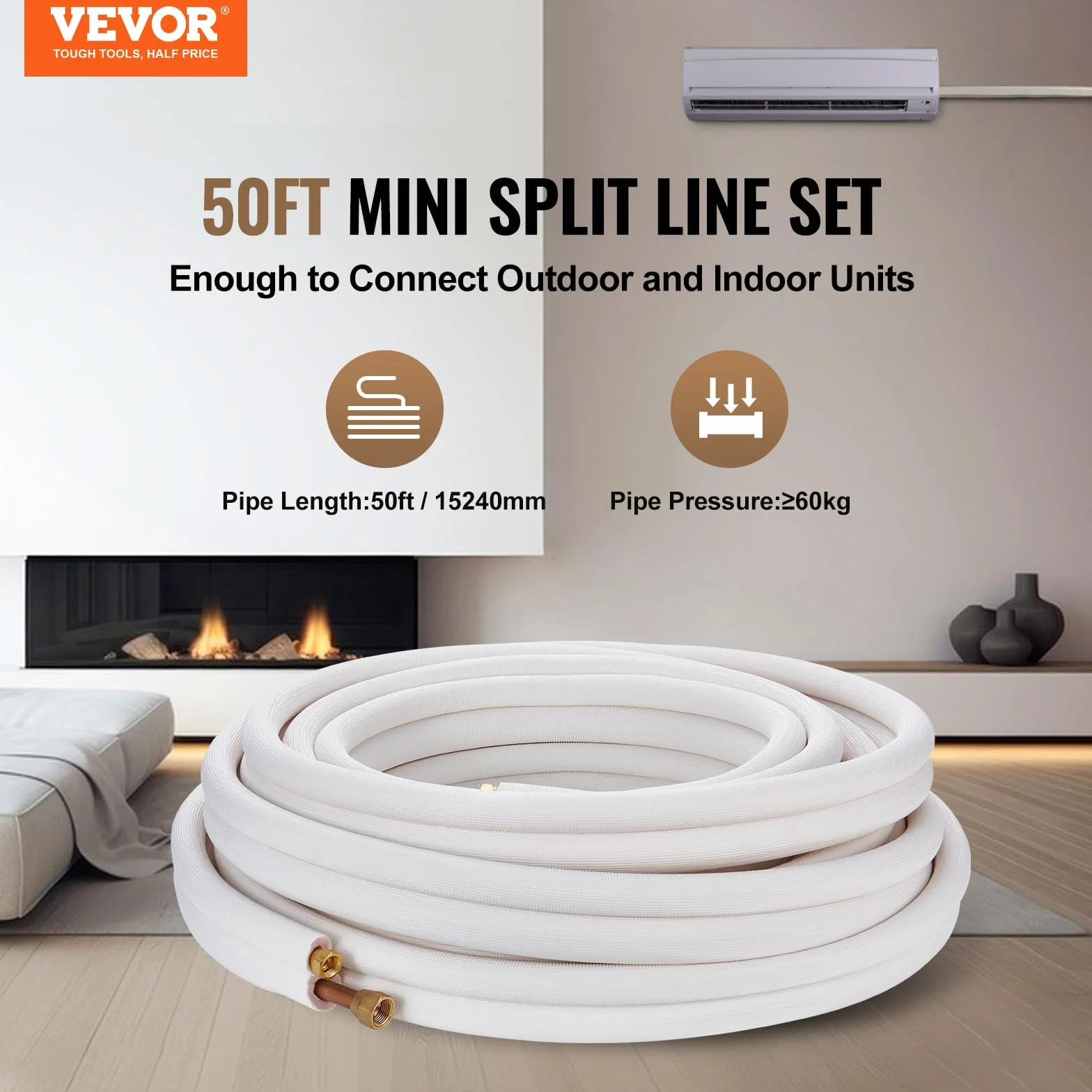 VEVOR 50FT Mini Split Line Set, tubi in rame con diametro esterno da 3/8" e 5/8" e isolamento per aria condizionata, refrigerante o pompe di riscaldamento e HVAC con strisce di avvolgimento.