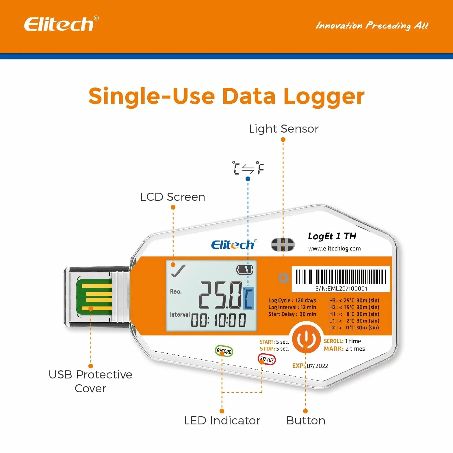 Elitech Registratore di Temperatura USB Monouso WHO PQS Calibrazione Report PDF 120 Giorni Trasporto e Display LCD Per Catena del Freddo LogEt1 – 1 Pezzo