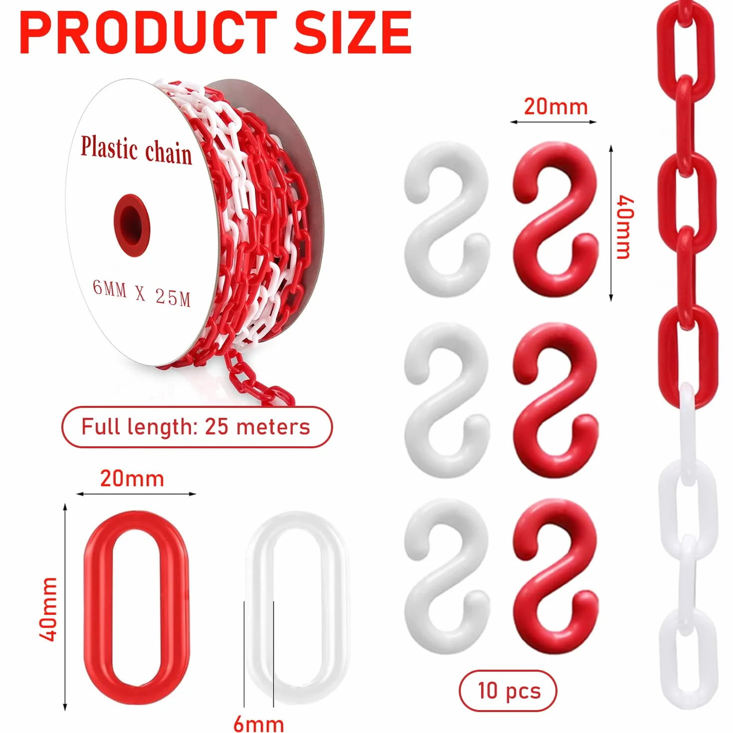 Catena Barriera Plastica Bianco Rosso 25m per Parcheggio con Moschettoni Alta Visibilità