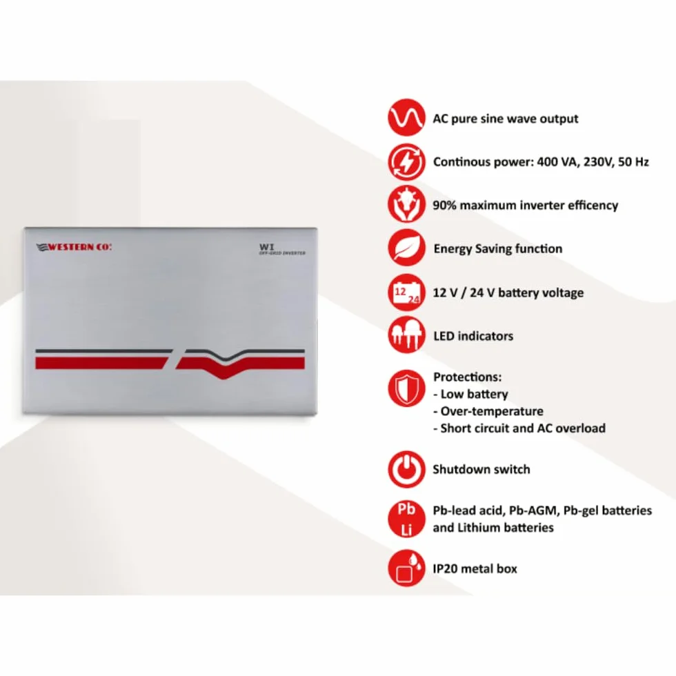 Western CO WI 400-12 | Inverter Fotovoltaico ad Isola DC/AC-400W | Ingresso 12V | Inverter Onda Sinusoidale Pura Off Grid, Risparmio Energetico, Batterie per Fotovoltaico, Generatore di Corrente