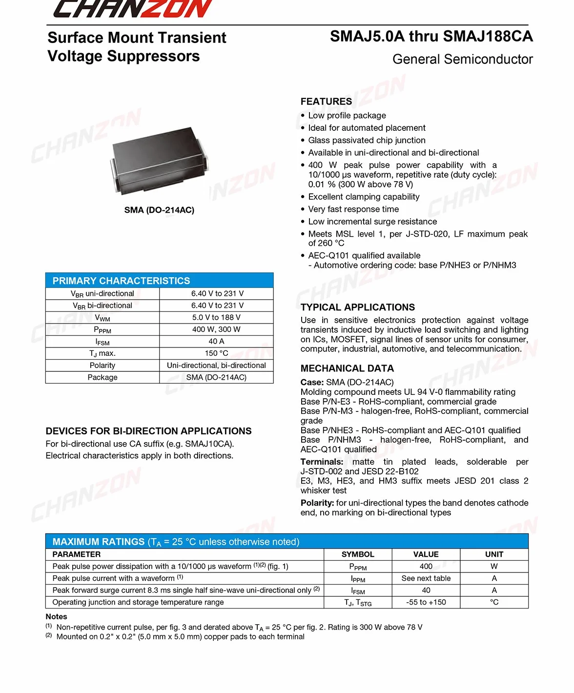 Chanzon Diodi SMD TVS SMAJ5.0A 400W 5V SMA DO-214AC Unidirezionale