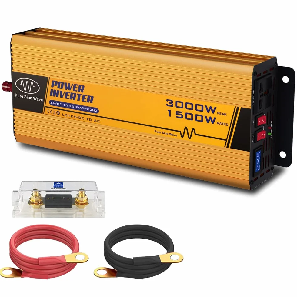 ECO-WORTHY Inverter Solare 1500W 24V DC-24V AC-220V, Onda Sinusoidale Pura di Picco 3000W per Auto/Camper/Casa/Sistema Solare Off-Grid