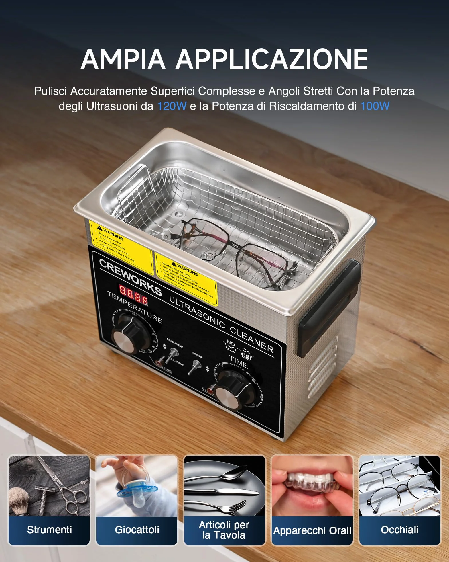 Pulitore Ultrasuoni 3L 120W Acciaio Inossidabile con Riscaldatore Timer Degas