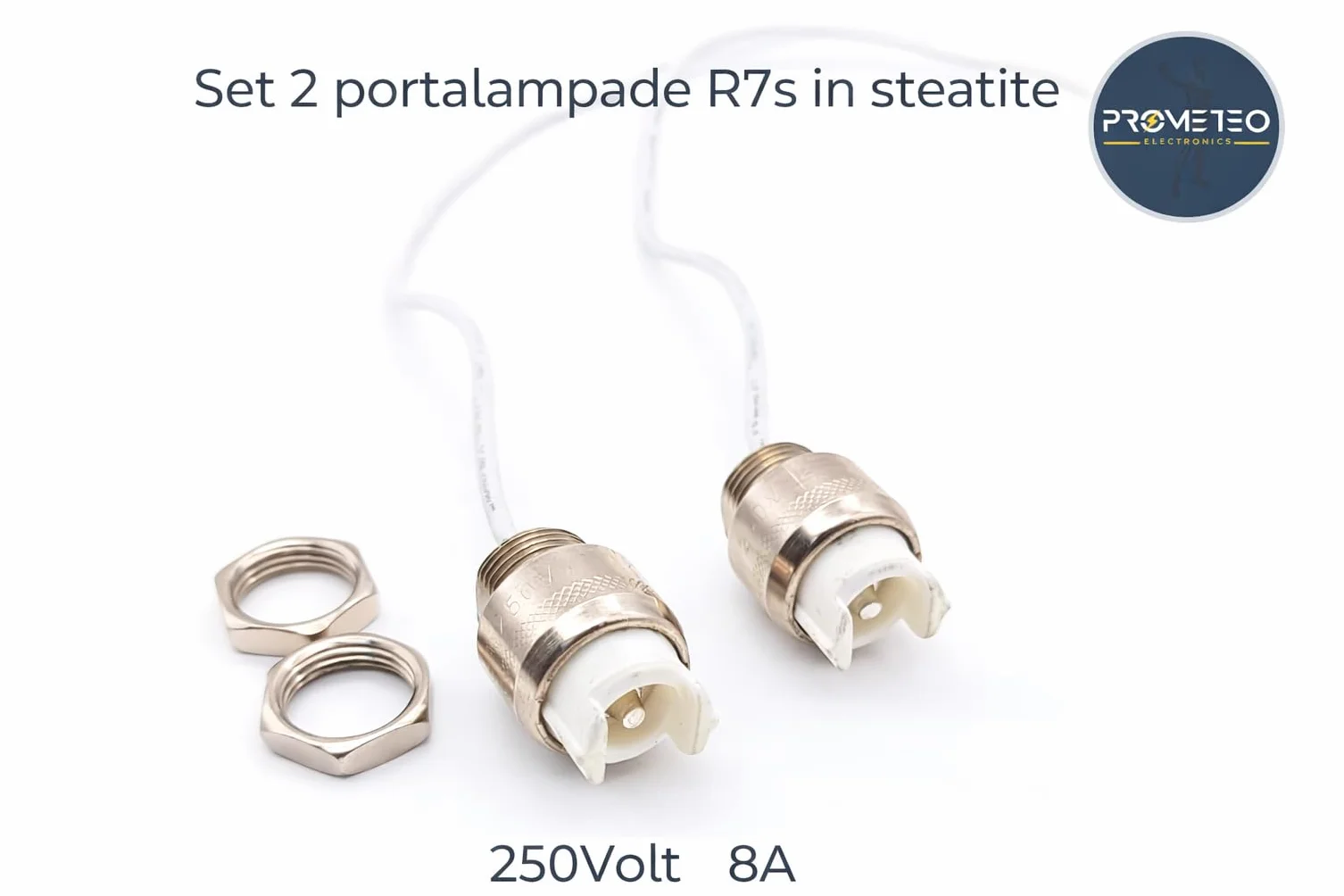 Portalampada R7s 78mm 118mm 189mm – Set 2 Ricambio per Lampade Piantana, Applique e Faretti – Attacco R7s in Steatite Alta Resistenza 250V 8A con Cavi 25cm in Teflon - Prometeo Electronics