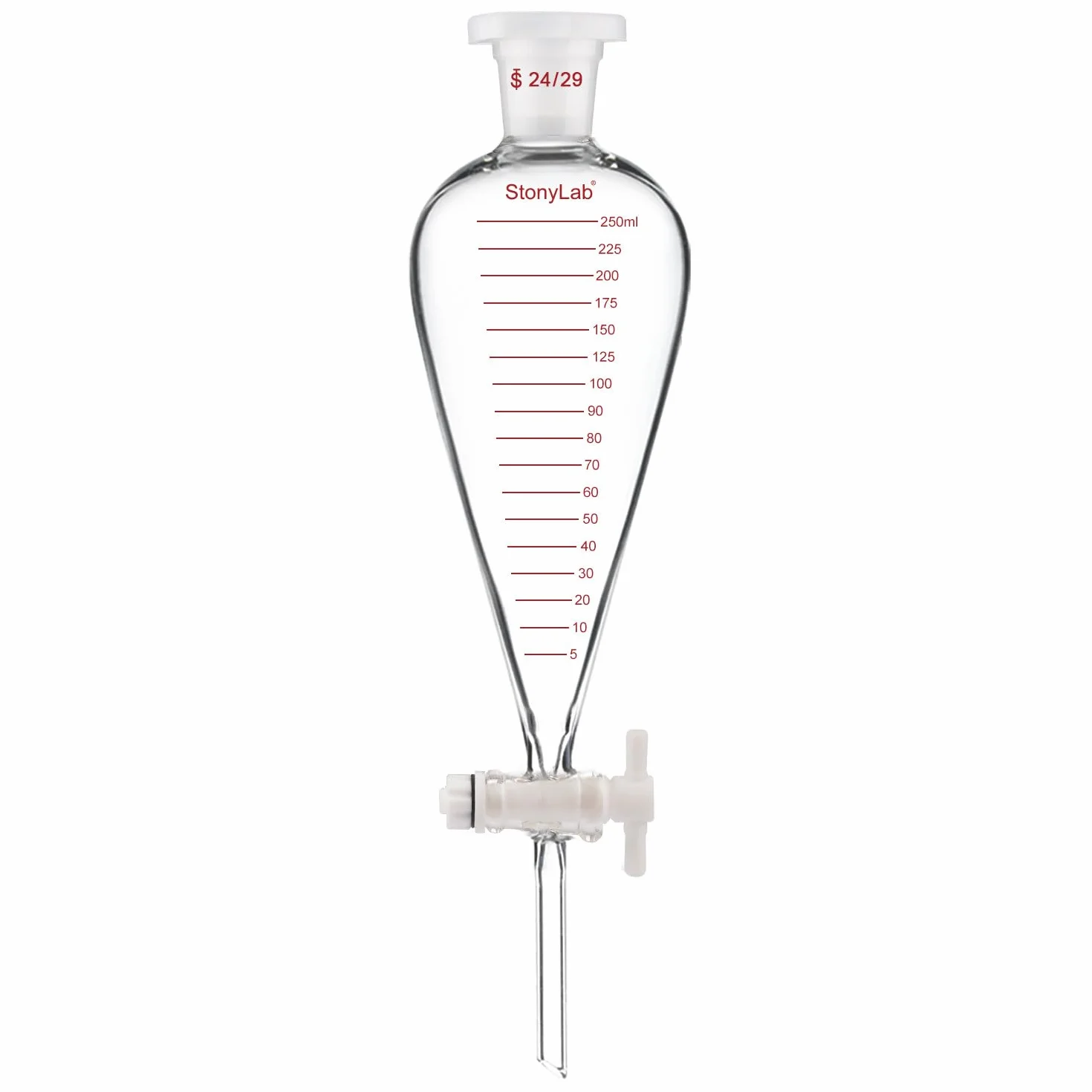 stonylab Imbuto Separatore Graduato, Parete Spessa a Forma di Pera Conica in Vetro Borosilicato, Rubinetto in PTFE e Tappo Superiore in Plastica, 250 ml