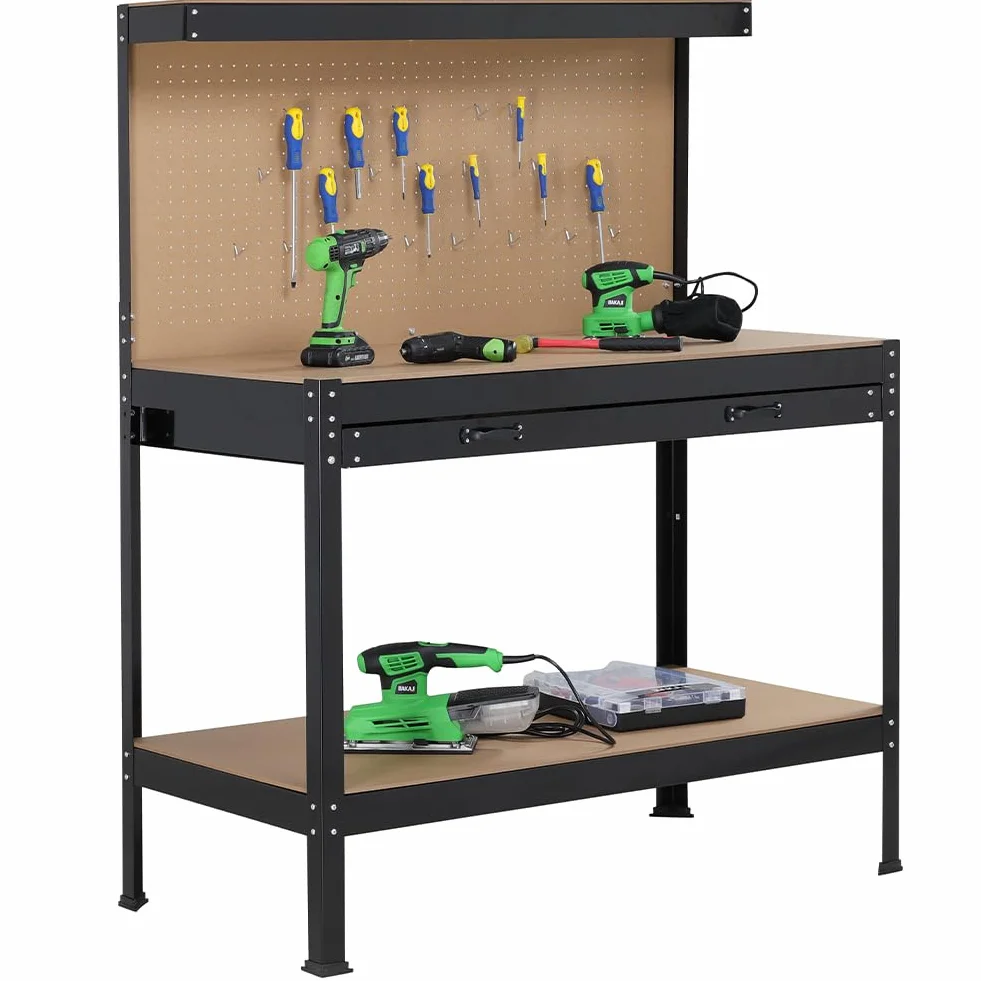 BAKAJI Banco da Lavoro Officina Porta Utensili Bancone Struttura in Metallo Piani in Legno MDF con Parete Ganci Portattrezzi Cassetto e Ripiani Colore Nero Dimensione Tavolo (90 x 140 cm)