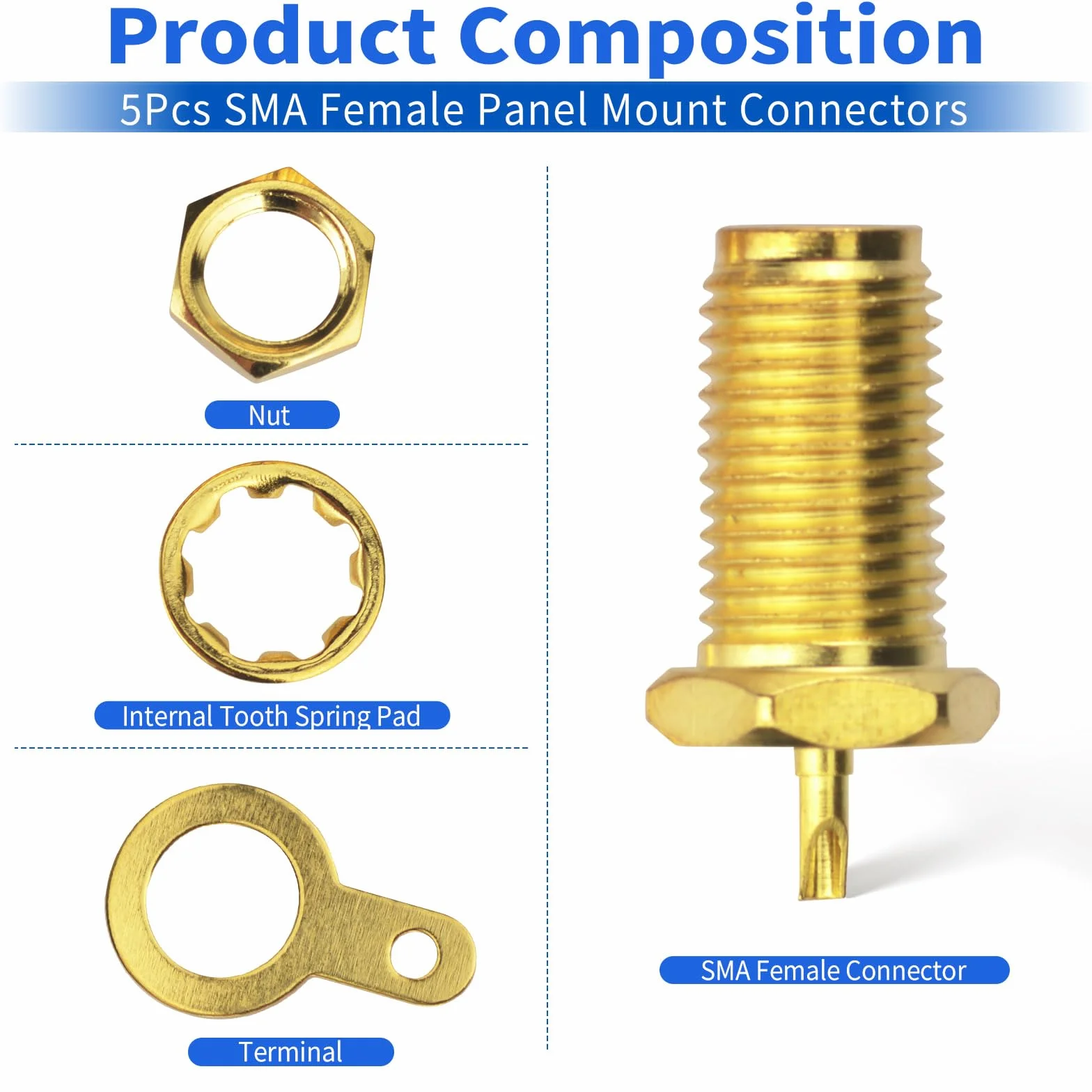 Superbat Connettore SMA 50ohm SMA Femmina Montaggio a Pannello Kit di Connettori di Cavo Coassiale con Dado a Parete e Terminale di Coppa di Saldatura per PC Antenna Stazioni Base ecc(5 Pezzi).