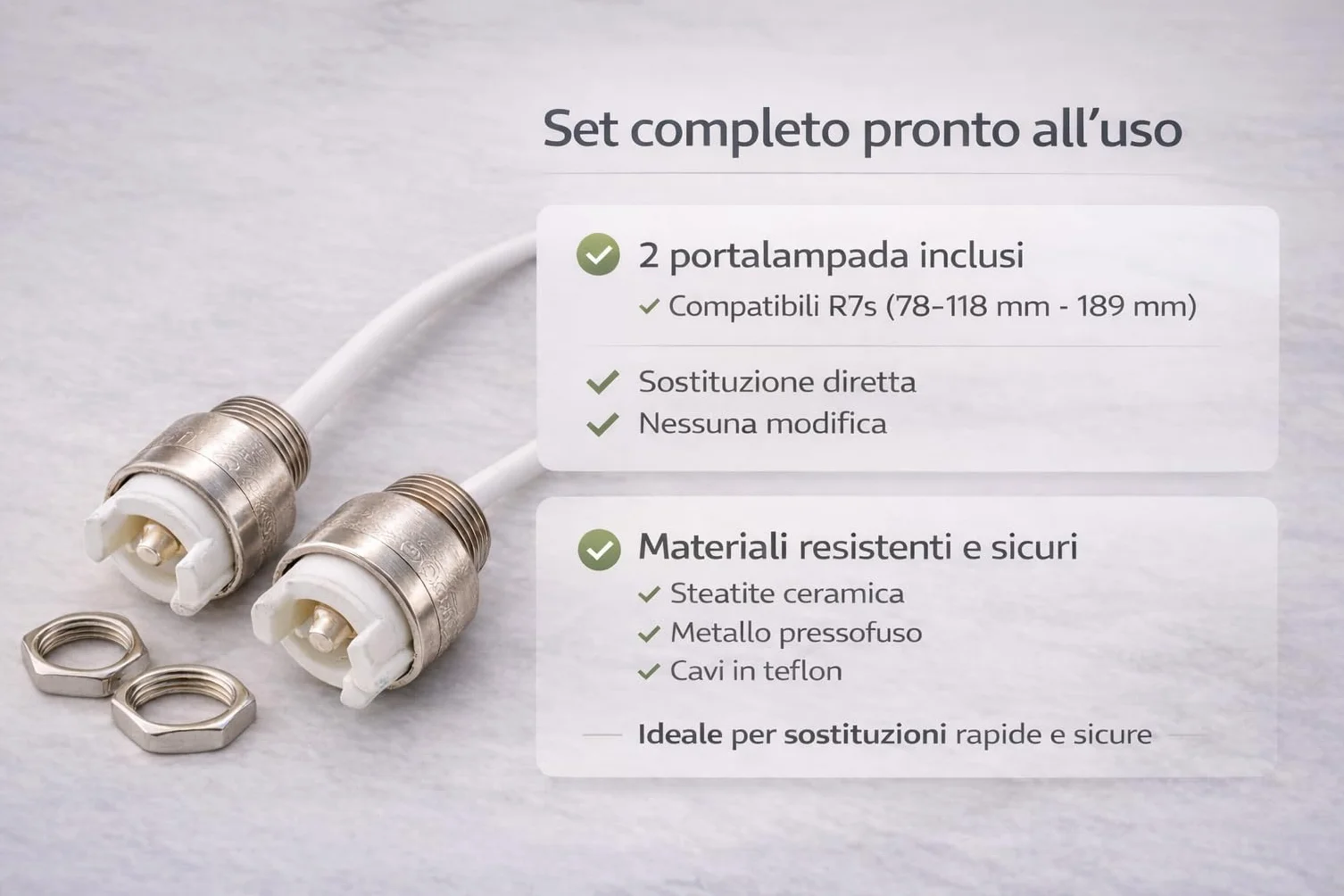 Portalampada R7s 78mm 118mm 189mm – Set 2 Ricambio per Lampade Piantana, Applique e Faretti – Attacco R7s in Steatite Alta Resistenza 250V 8A con Cavi 25cm in Teflon - Prometeo Electronics