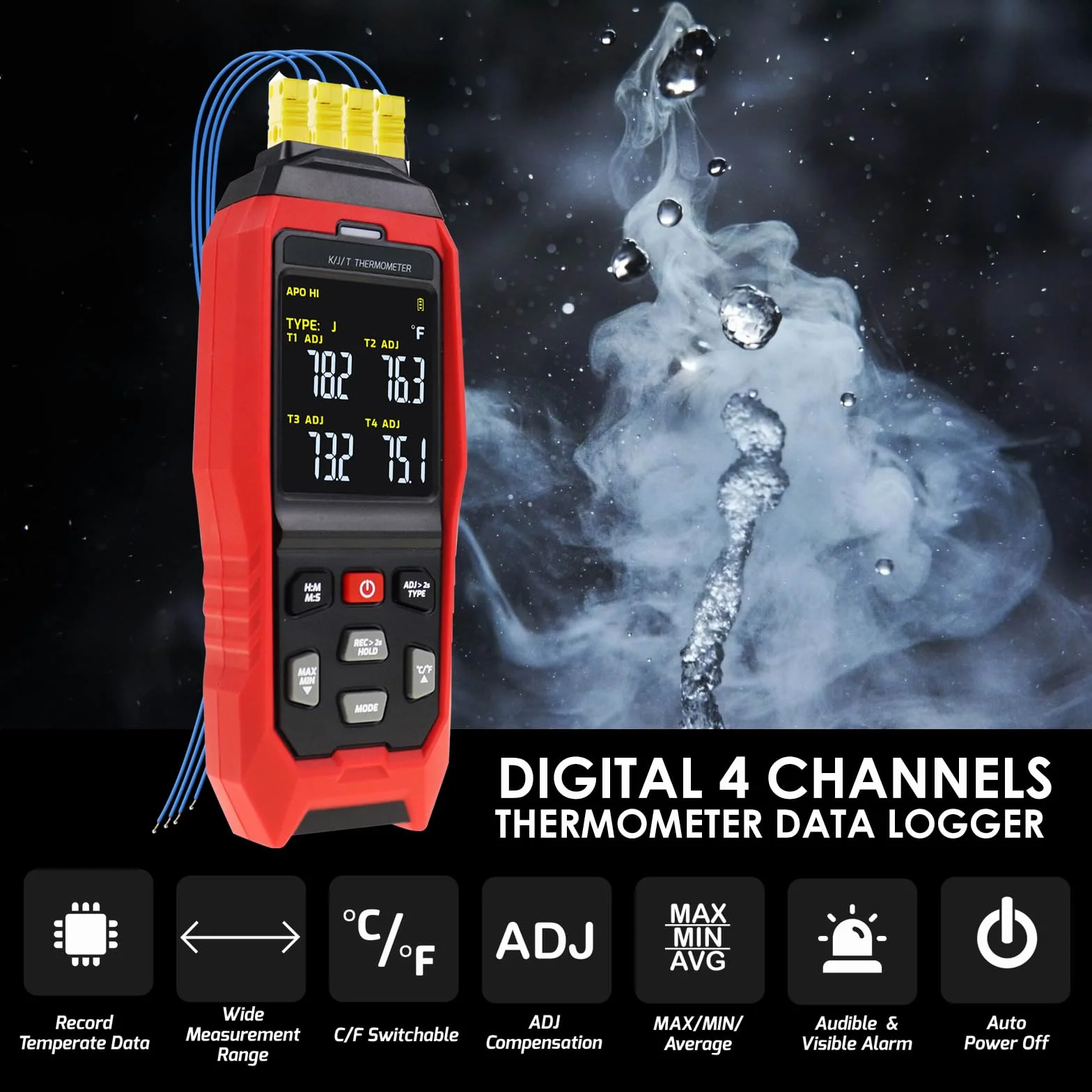 Registratore Dati Termometro a Termocoppia 4 Canali Tipo K, -328~2501°F, Allarmi Acustici Visivi