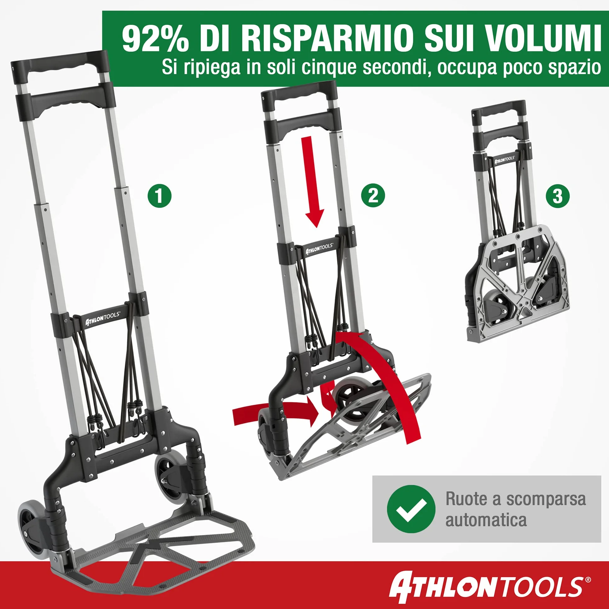 ATHLONTOOLS Carrello Trasporto Pieghevole in Alluminio 70 kg TÜV GS-certificato– Carrello Portapacchi con Ruote Silenziose, Manico Telescopico 110 cm, Cuscinetti Antiscivolo e 2 Corde Elastich
