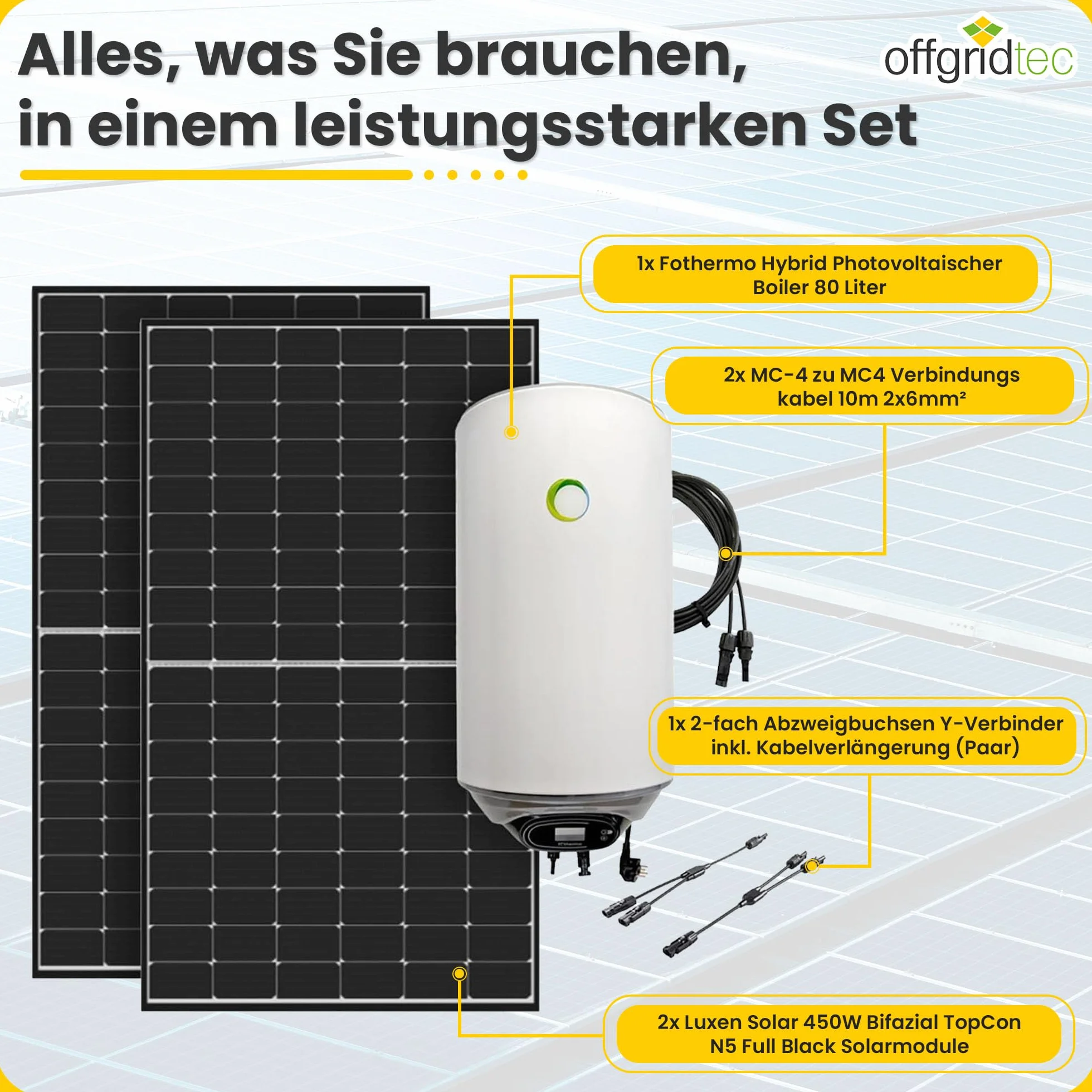 Offgridtec Sistema scaldabagno solare 900 W Caldaia ibrida Fothermo 80 l, Plug & Play, backup 230 V fino a 1500 W, temp. massima 65 °C, doppio pannello solare bifacciale