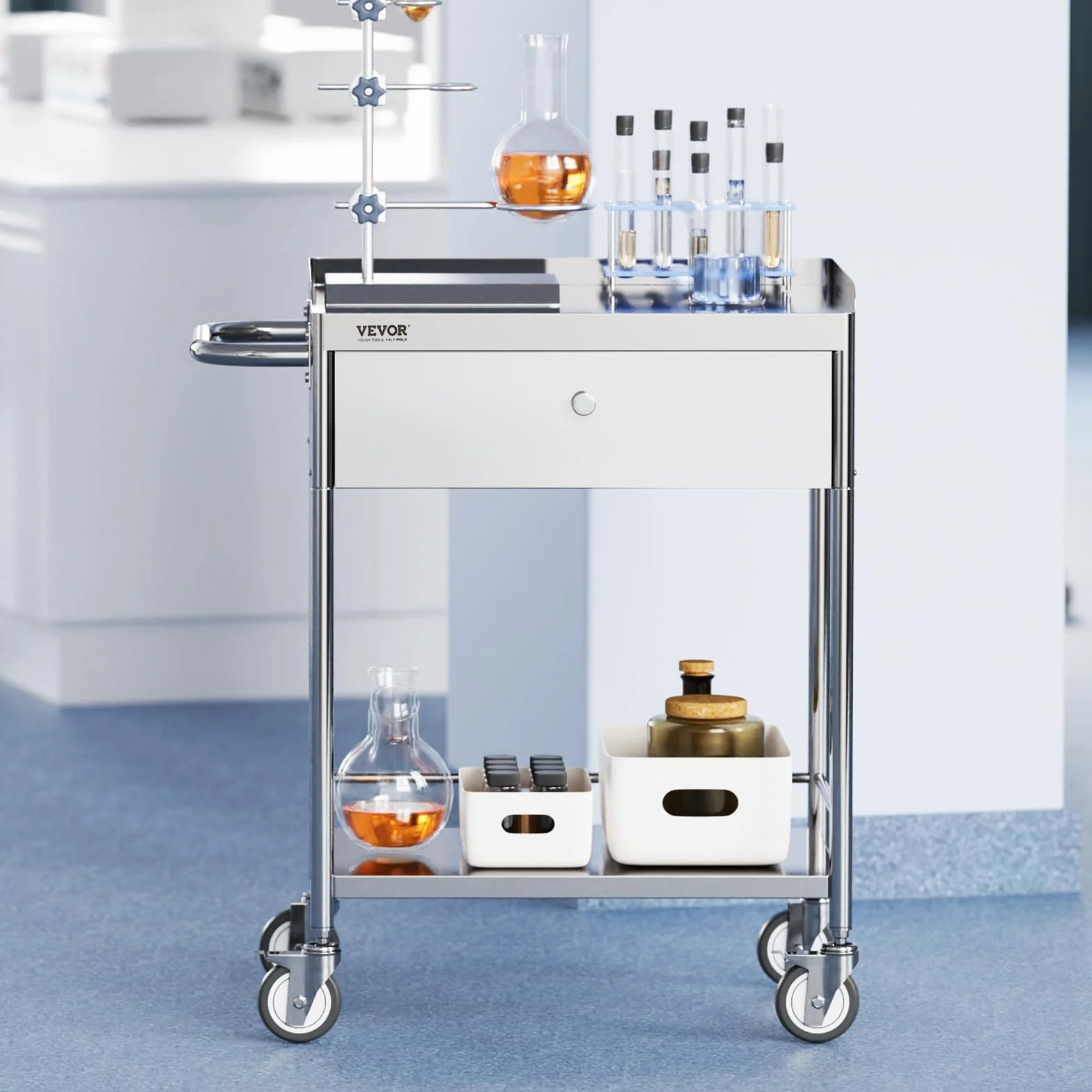 VEVOR Carrello da Laboratorio in Acciaio Inox 2 Ripiani 100kg 710 x 421 x 785 mm