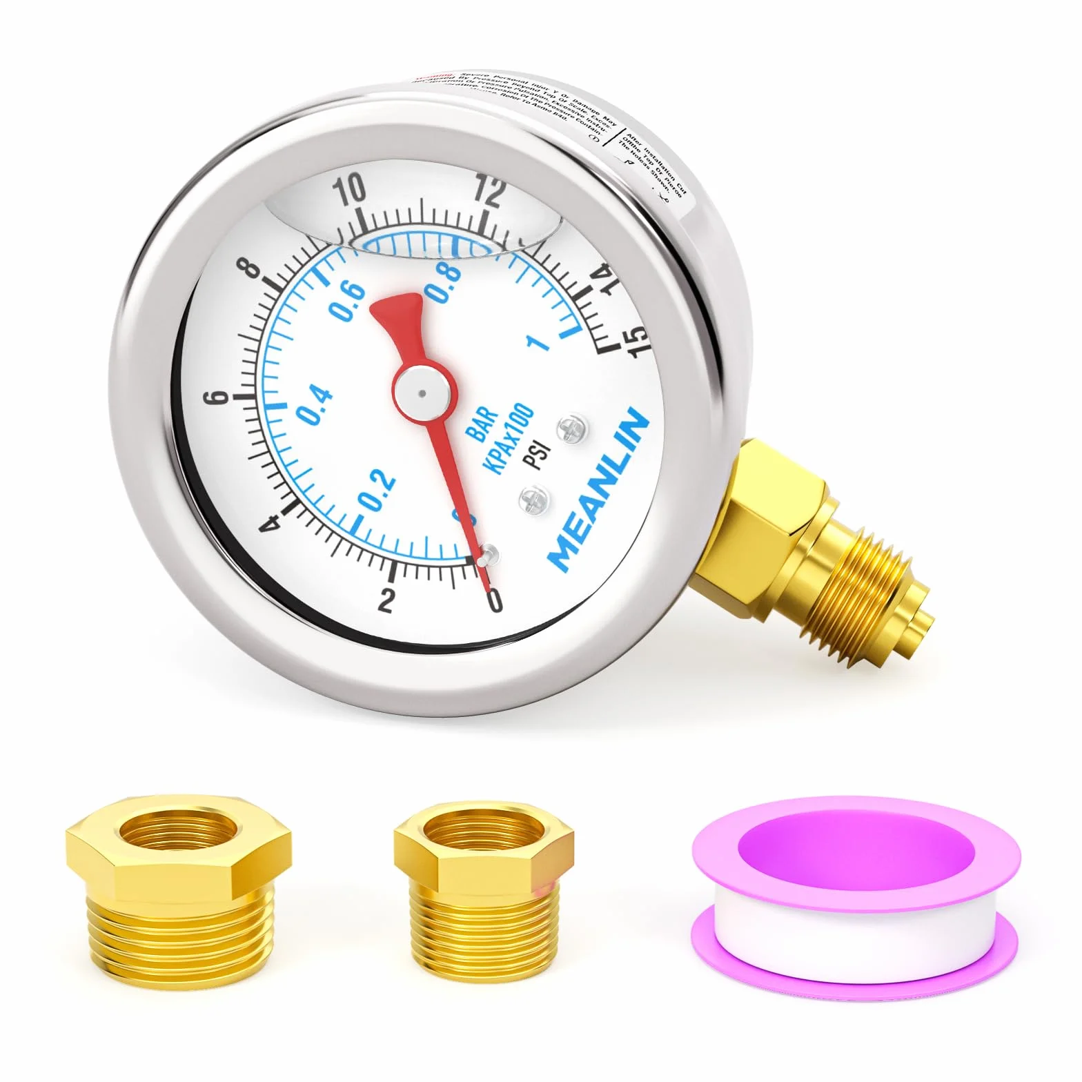 MEANLIN MEASURE 0~1BAR/15PSI Manometro in acciaio inox 1/8" BSP 1.5"FACE DIAL,riempito di glicerina,a liquido,acqua olio aria,montaggio inferiore,con boccola esagonale 1/8" x 1/4"BSP e 1/8" x 3/8"BSP