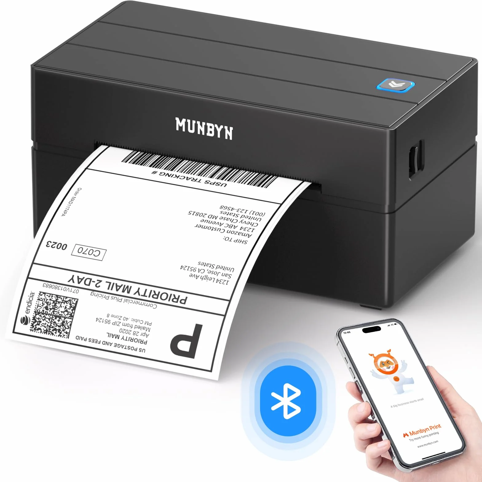 MUNBYN Stampa Etichette Spedizioni Bluetooth, Stampante Termica Wireless 4x6 per Pacchi e Piccole Imprese, Compatibile con iPhone, Android, Mac, Windows, Colissimo e UPS, Nero